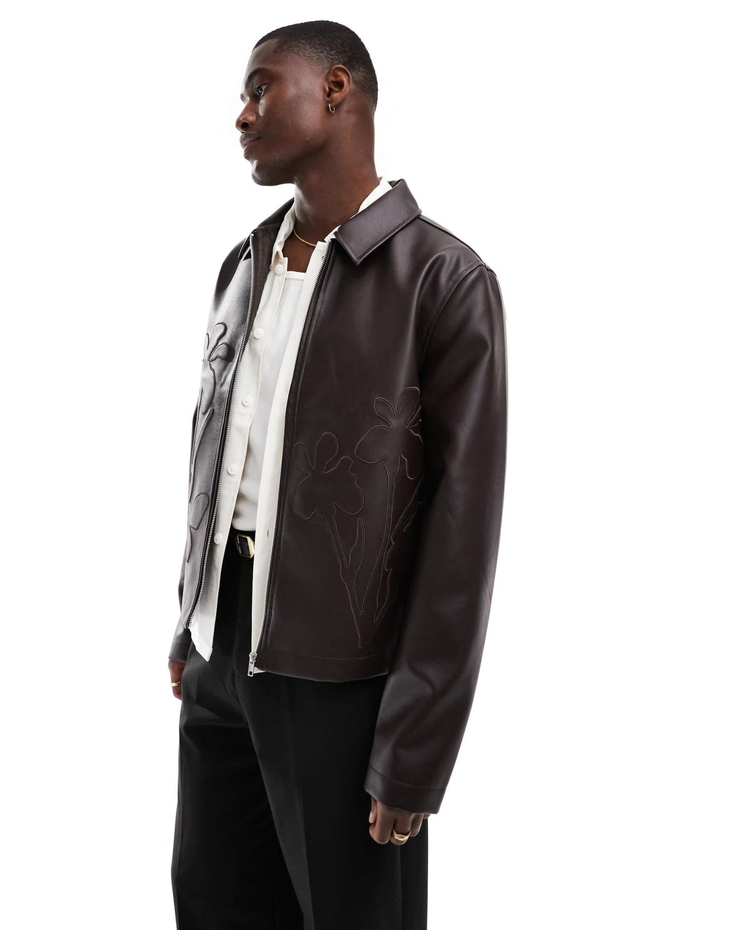 ASOS DESIGN faux leather cropped harrington jacket with floral debossing in brown - ASOS Sample Sale EU Store