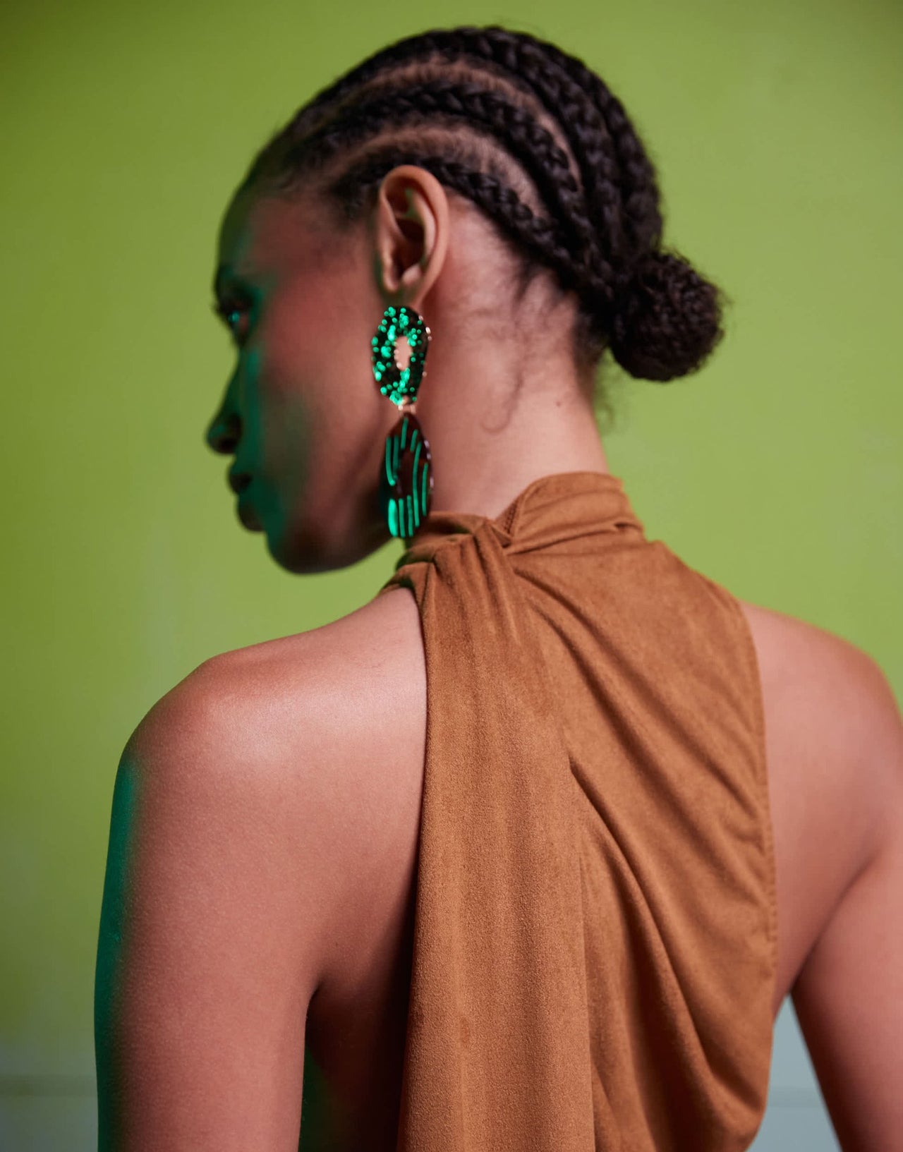 ASOS DESIGN faux suede halter mini dress with drape skirt and train in tan - ASOS Sample Sale EU Store