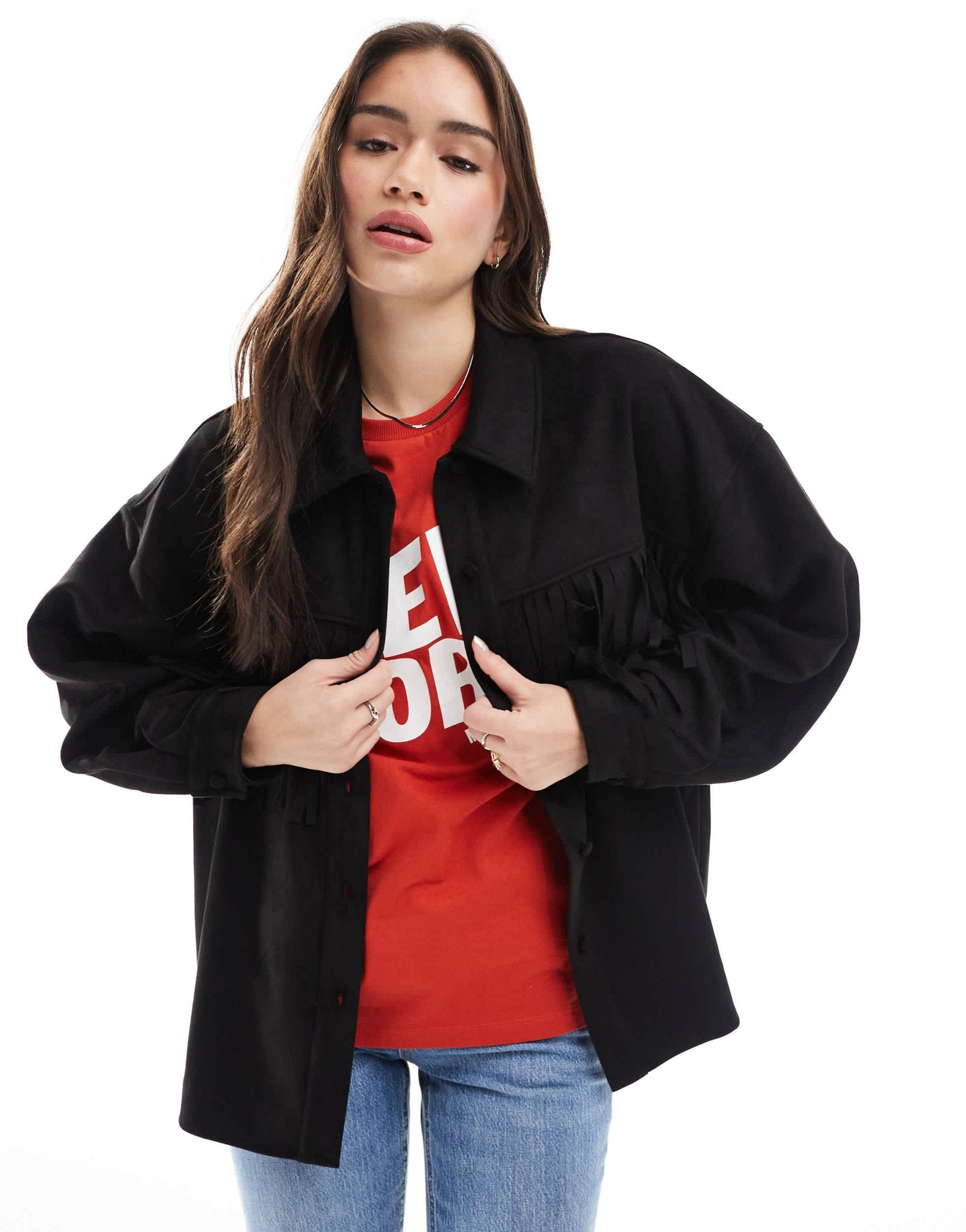 ASOS DESIGN faux suede tassel shirt in black - ASOS Sample Sale EU Store