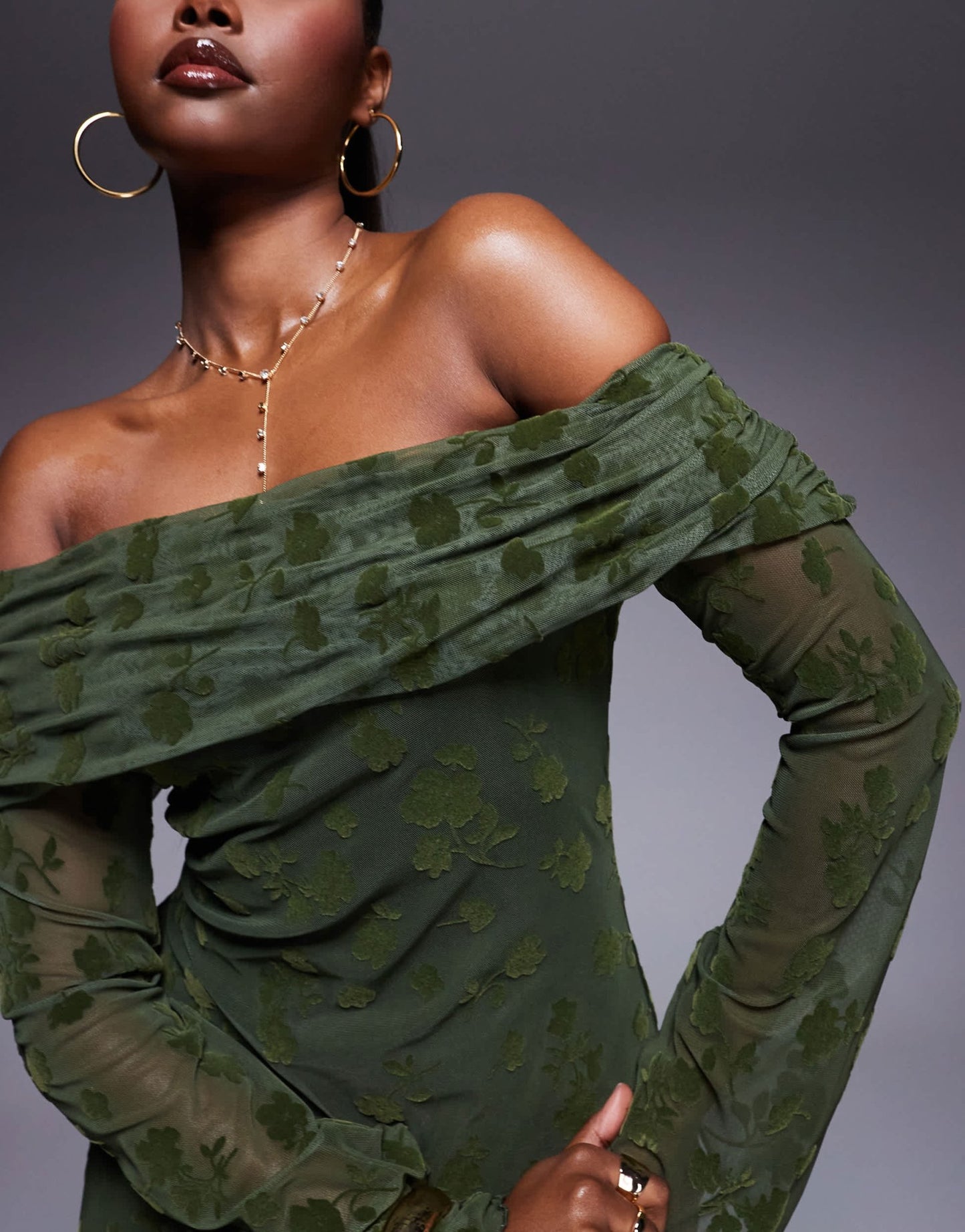 ASOS DESIGN flocked floral fold over bardot mini dress with flute sleeve in olive - ASOS Sample Sale EU Store