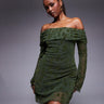 ASOS DESIGN flocked floral fold over bardot mini dress with flute sleeve in olive