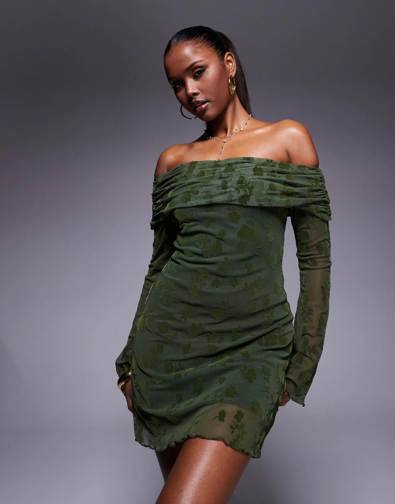ASOS DESIGN flocked floral fold over bardot mini dress with flute sleeve in olive - ASOS Sample Sale EU Store