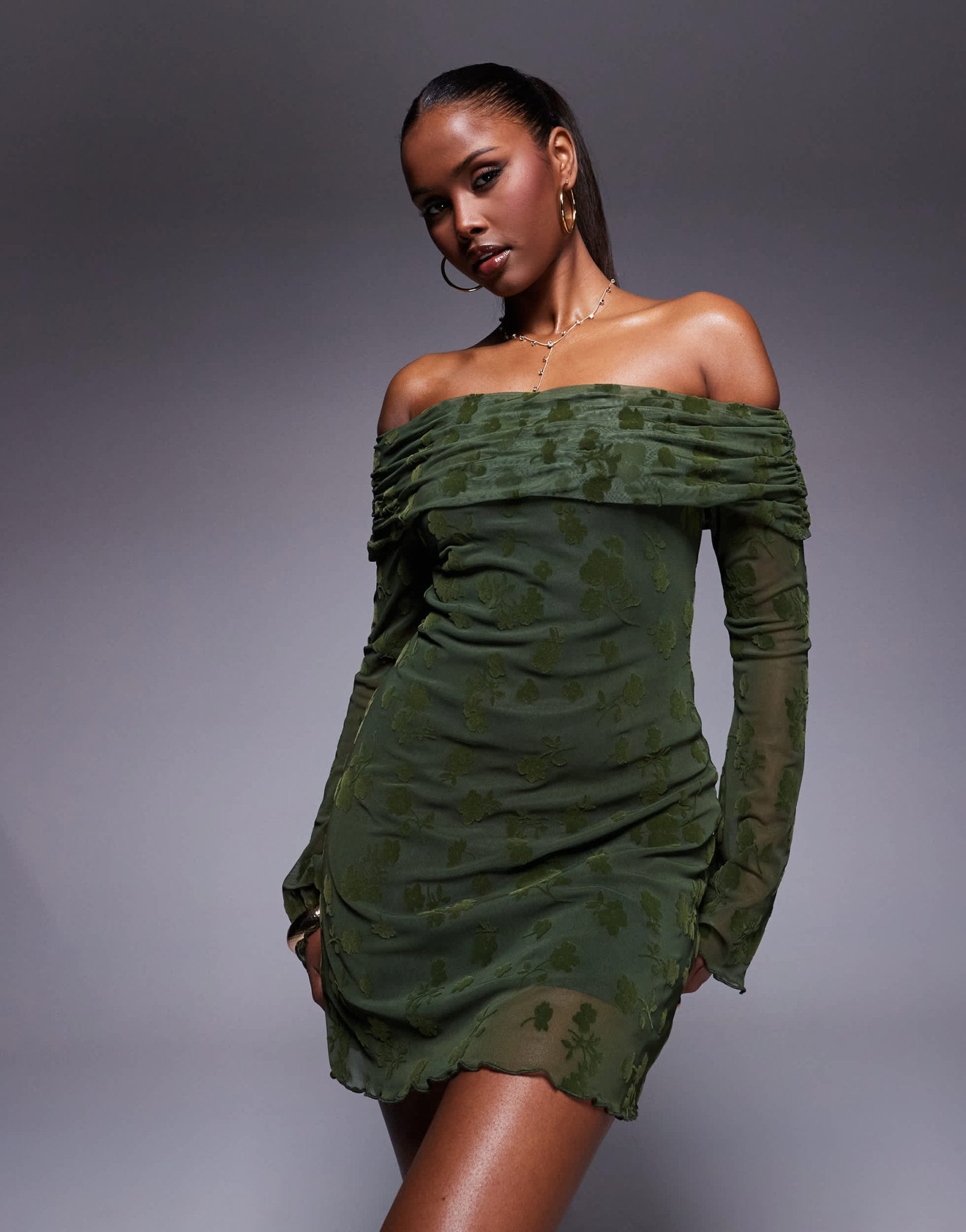 ASOS DESIGN flocked floral fold over bardot mini dress with flute sleeve in olive - ASOS Sample Sale EU Store