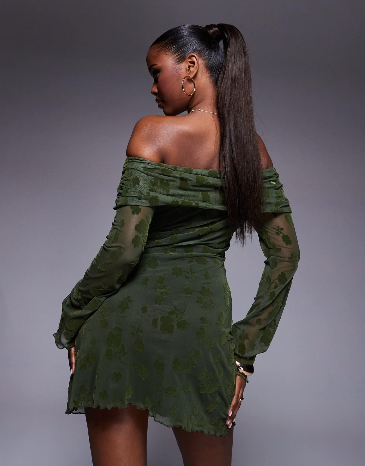 ASOS DESIGN flocked floral fold over bardot mini dress with flute sleeve in olive - ASOS Sample Sale EU Store