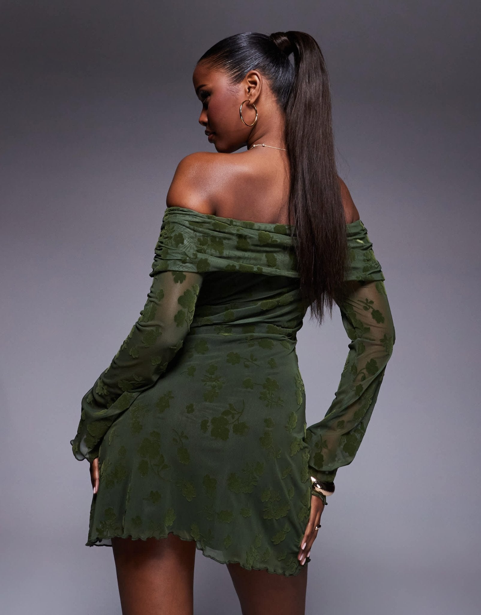 ASOS DESIGN flocked floral fold over bardot mini dress with flute sleeve in olive - ASOS Sample Sale EU Store