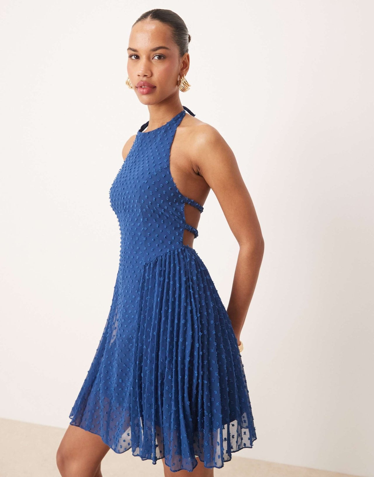ASOS DESIGN fluffy dobby racer neck pleat panel mini dress in dark blue - ASOS Sample Sale EU Store