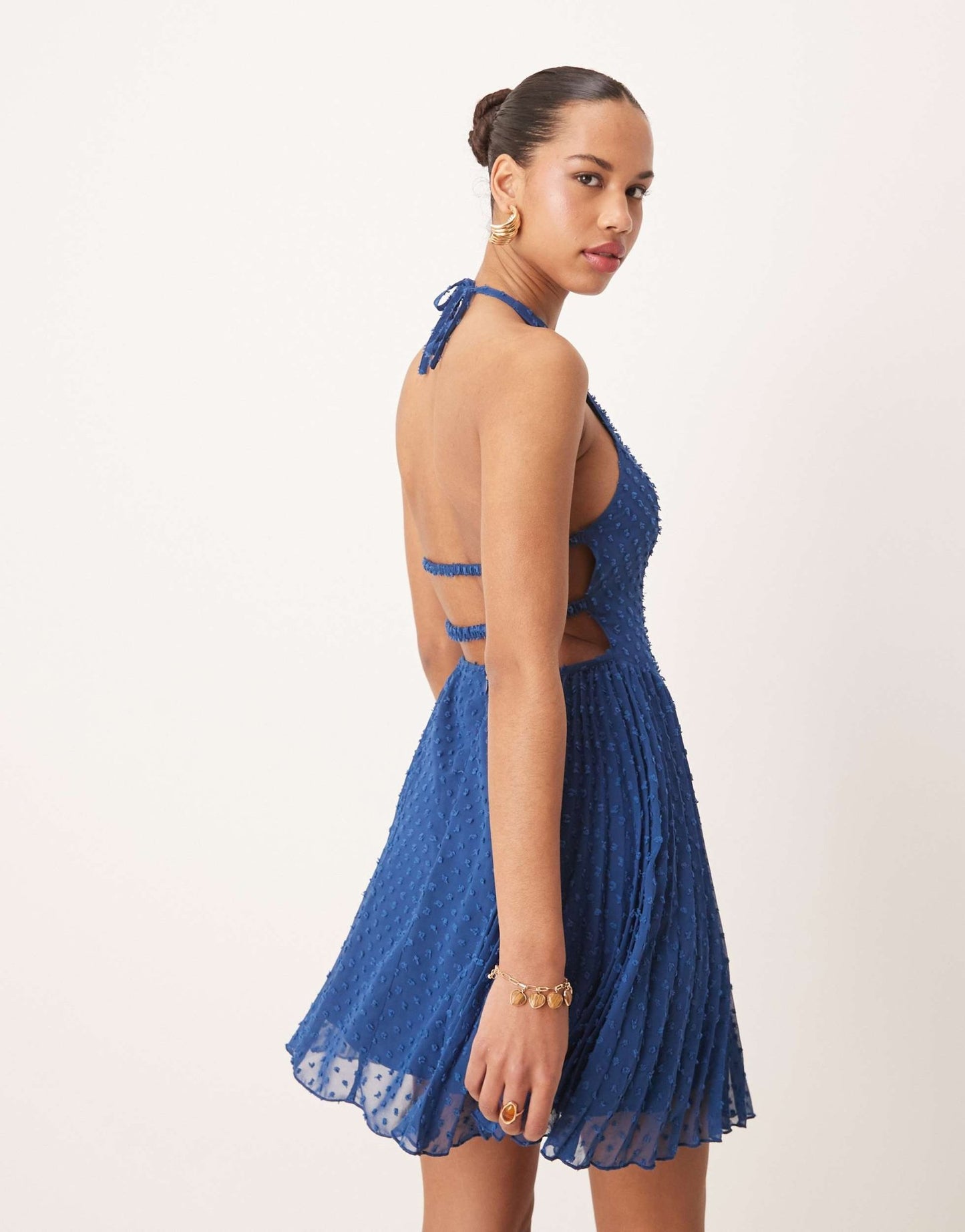 ASOS DESIGN fluffy dobby racer neck pleat panel mini dress in dark blue - ASOS Sample Sale EU Store