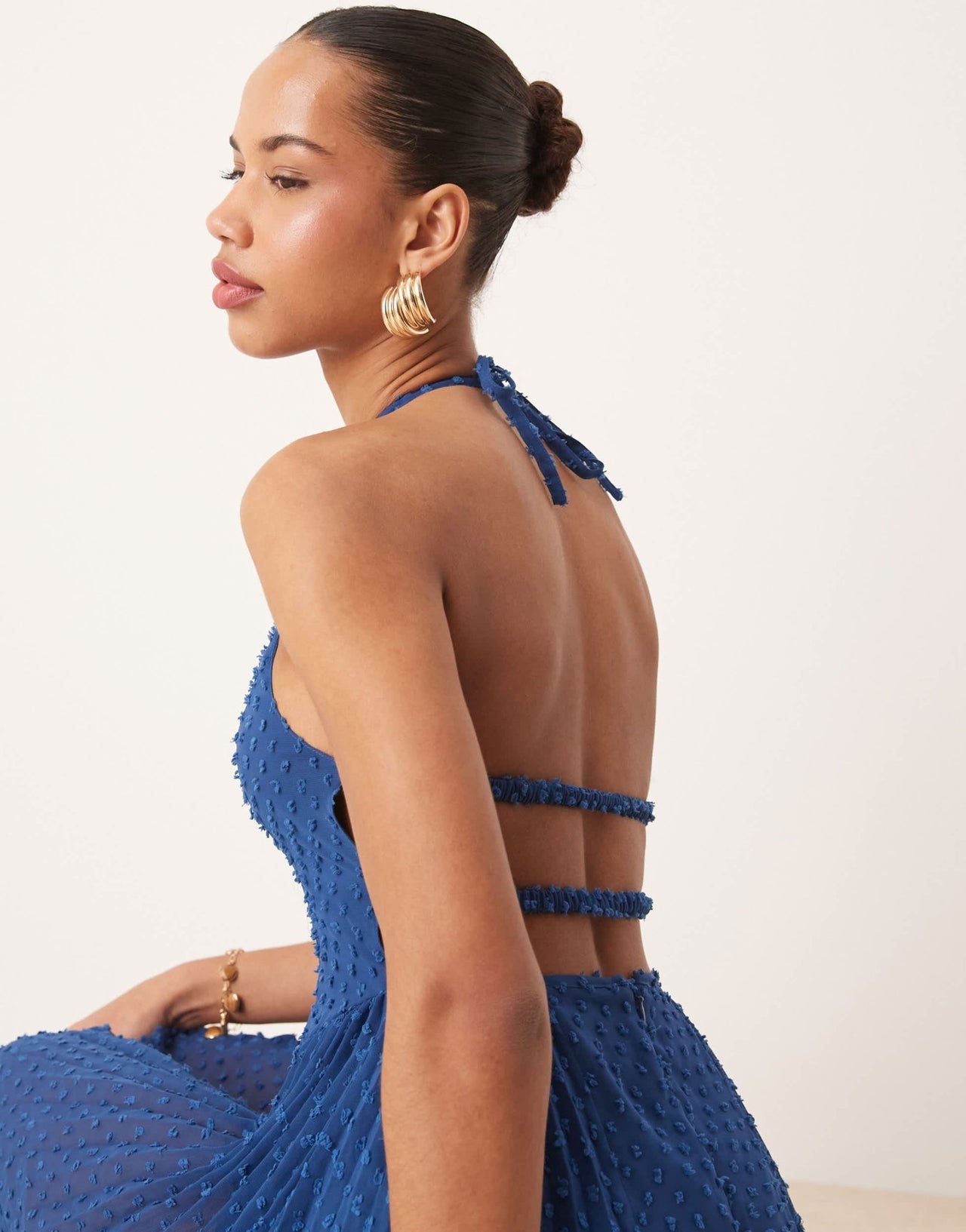 ASOS DESIGN fluffy dobby racer neck pleat panel mini dress in dark blue - ASOS Sample Sale EU Store