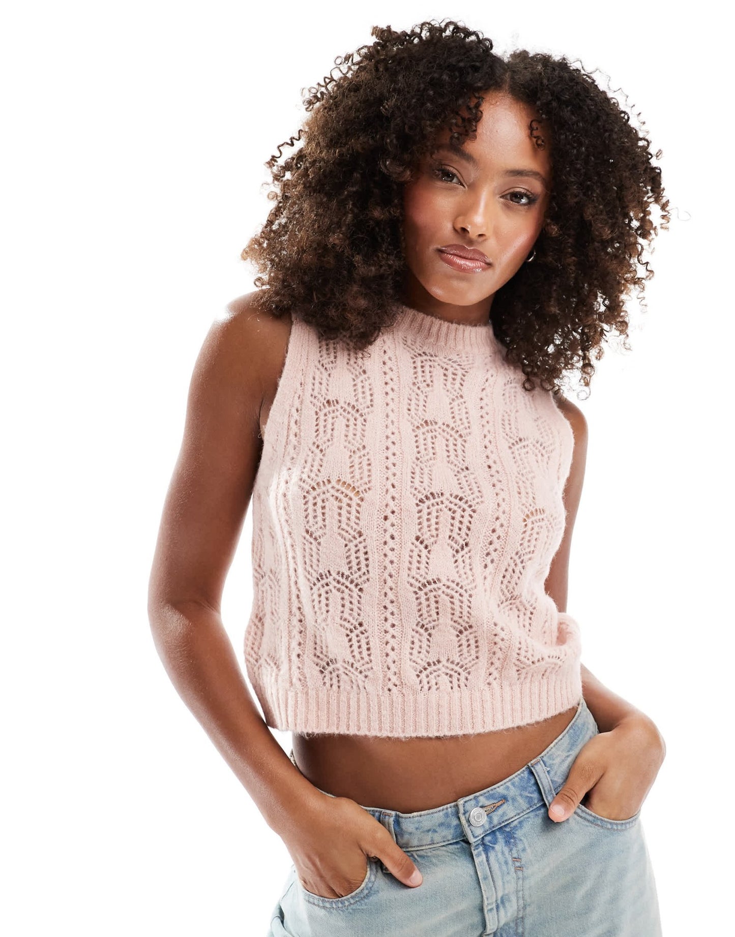 ASOS DESIGN fluffy knit tank top with pointelle stitch in pink - ASOS Sample Sale EU Store
