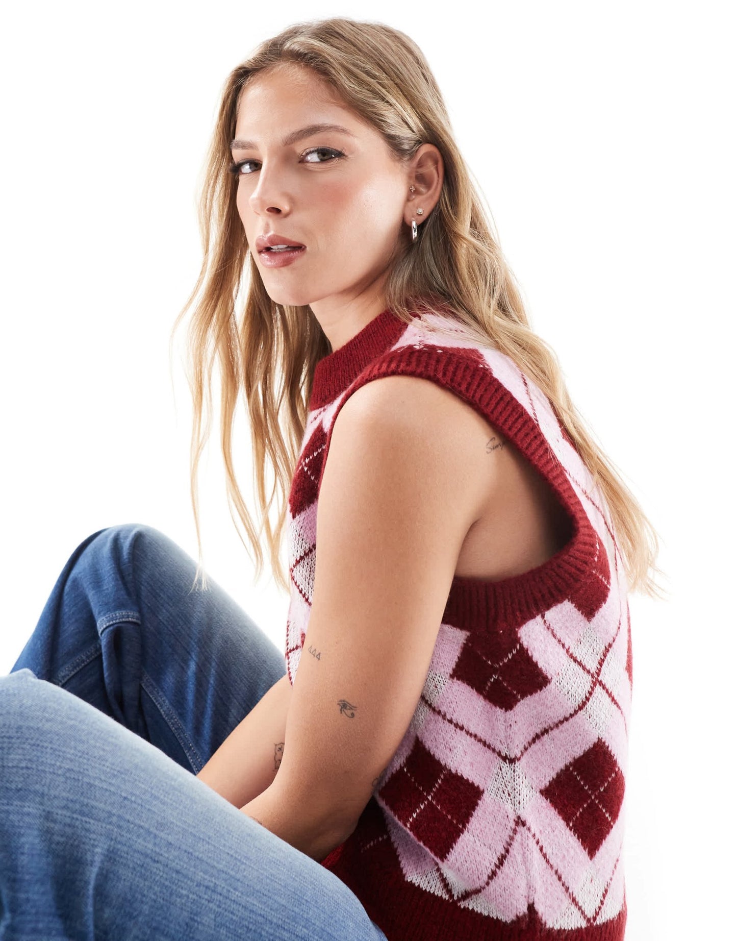ASOS DESIGN fluffy knitted tank top in burgundy argyle - ASOS Sample Sale EU Store