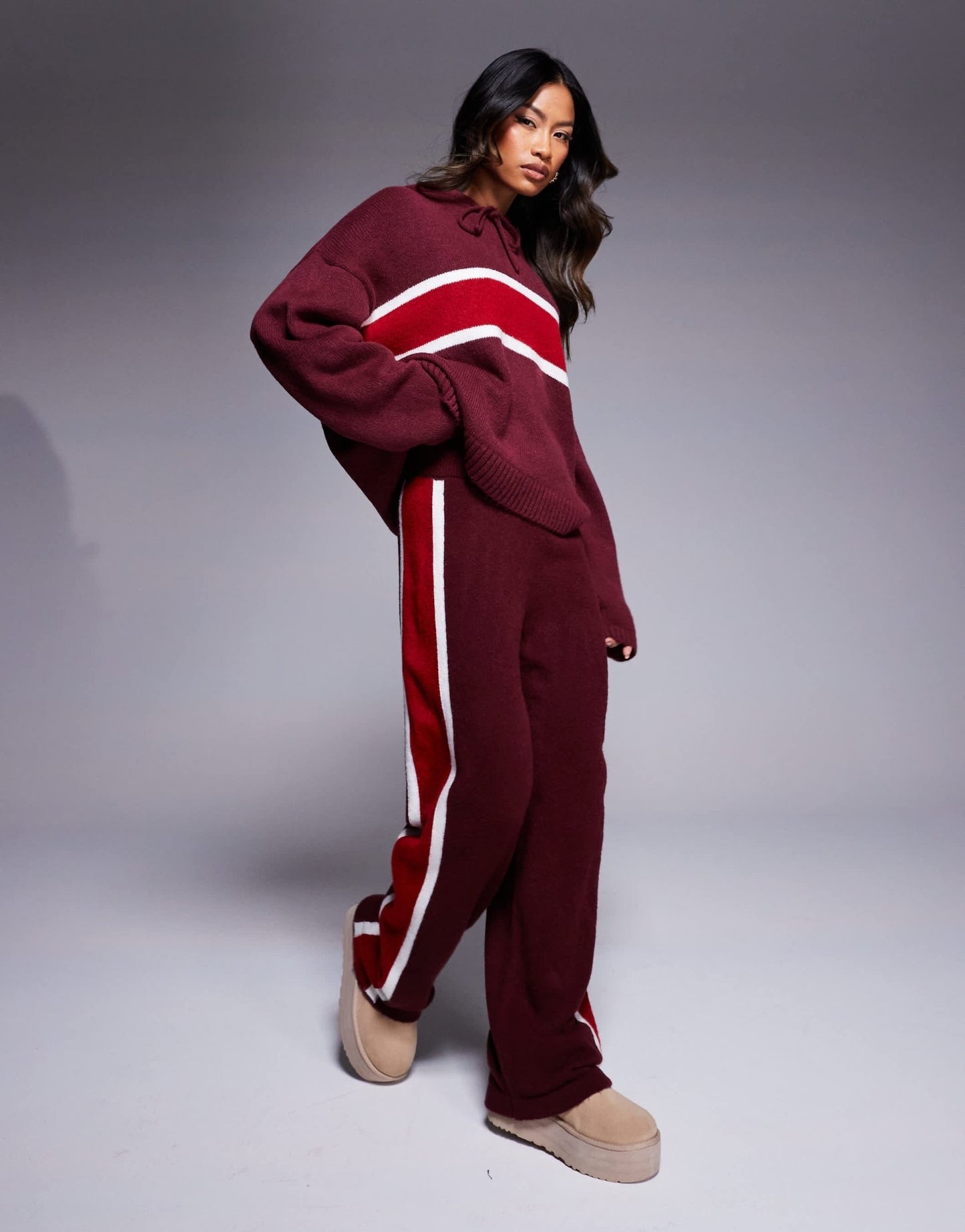 ASOS DESIGN fluffy knitted wide leg trouser co - ord in burgundy - ASOS Sample Sale EU Store