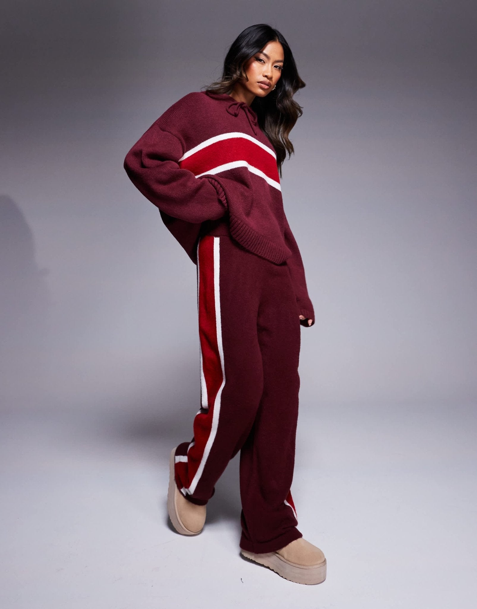 ASOS DESIGN fluffy knitted wide leg trouser co - ord in burgundy - ASOS Sample Sale EU Store