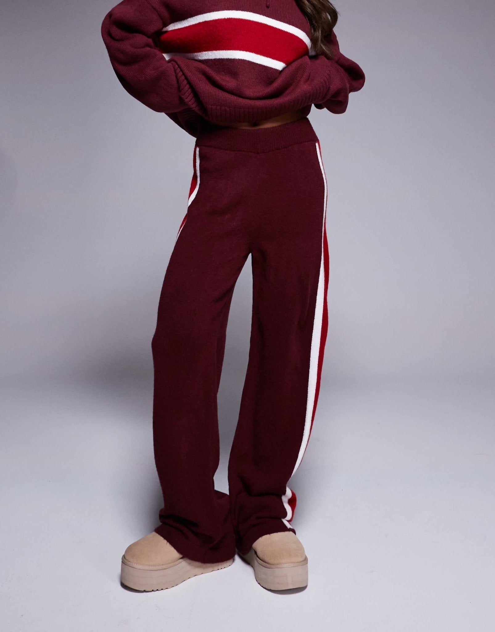 ASOS DESIGN fluffy knitted wide leg trouser co - ord in burgundy - ASOS Sample Sale EU Store