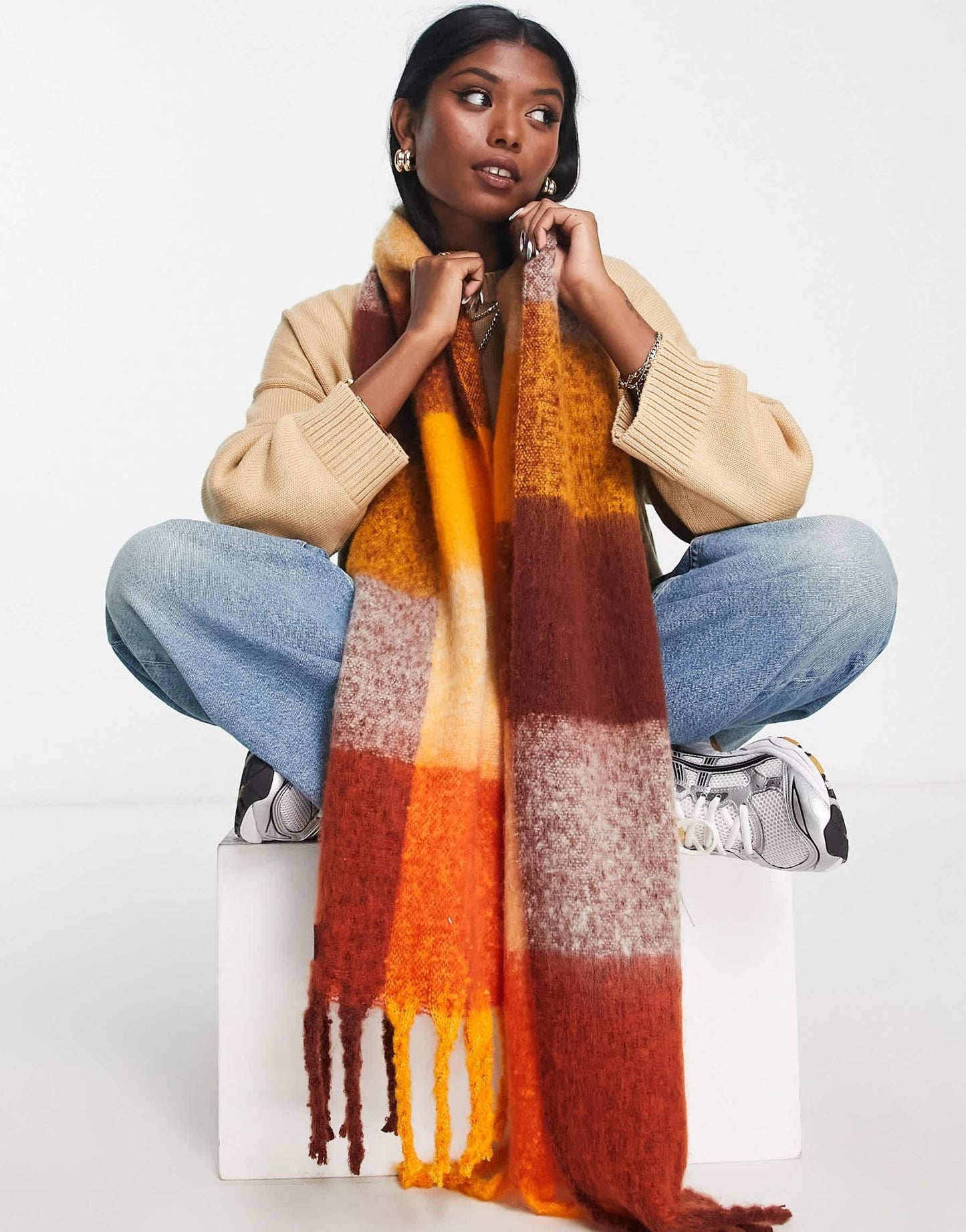 ASOS DESIGN fluffy tassel scarf in orange oversized check - ASOS Sample Sale EU Store
