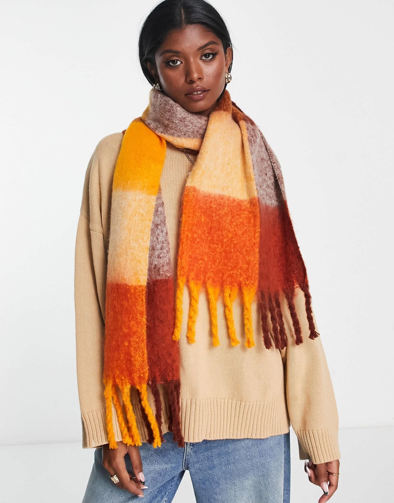ASOS DESIGN fluffy tassel scarf in orange oversized check - ASOS Sample Sale EU Store