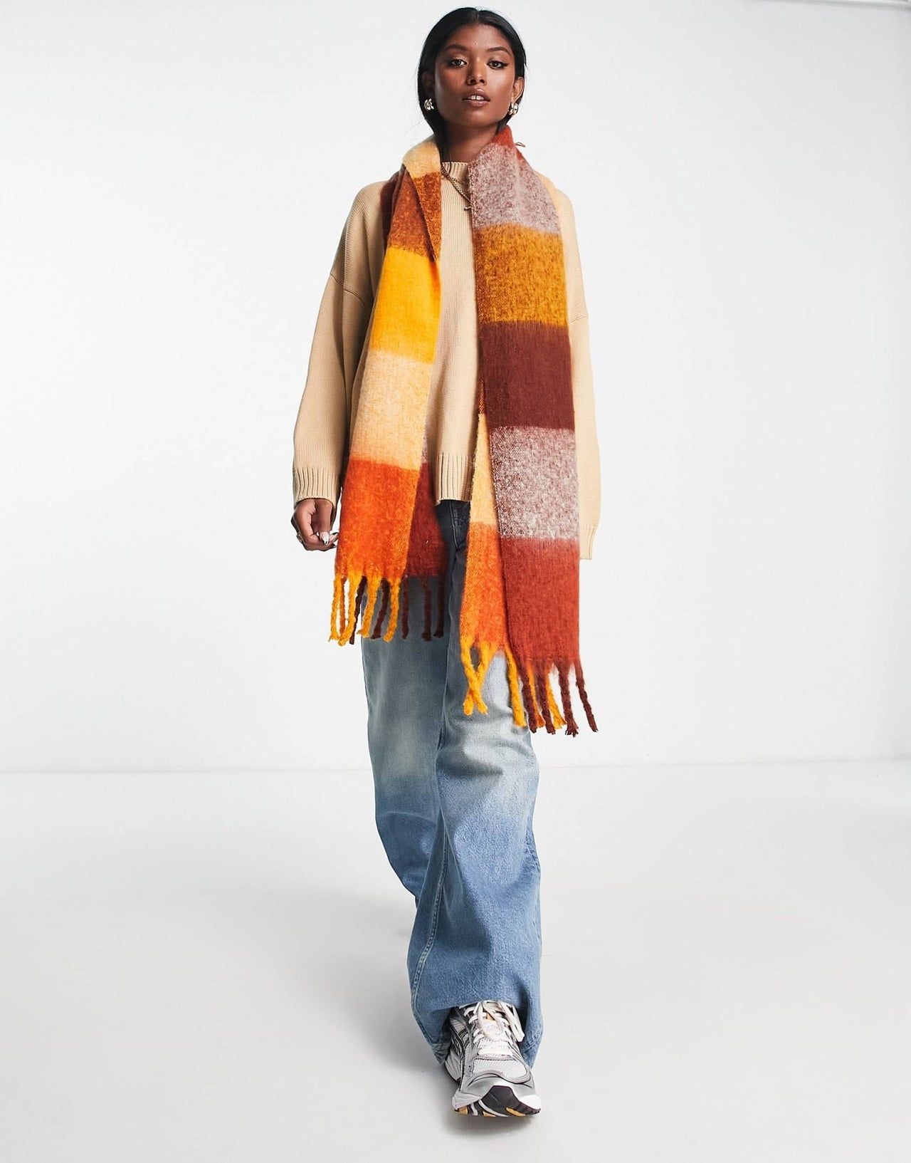 ASOS DESIGN fluffy tassel scarf in orange oversized check - ASOS Sample Sale EU Store