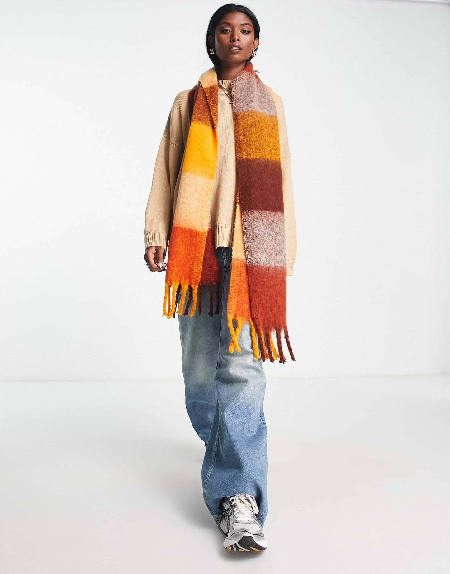ASOS DESIGN fluffy tassel scarf in orange oversized check - ASOS Sample Sale EU Store