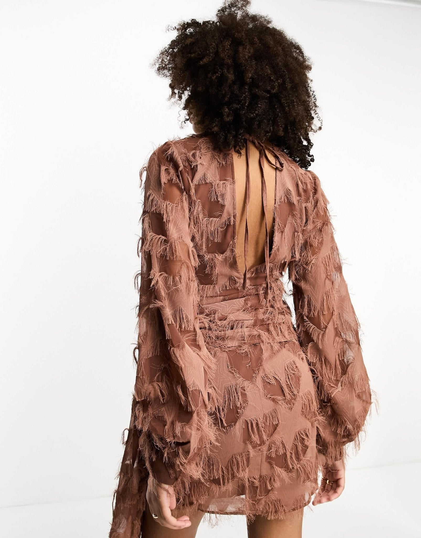 ASOS DESIGN fluffy v neck mini dress with tie waist and tie back detail in brown - ASOS Sample Sale EU Store