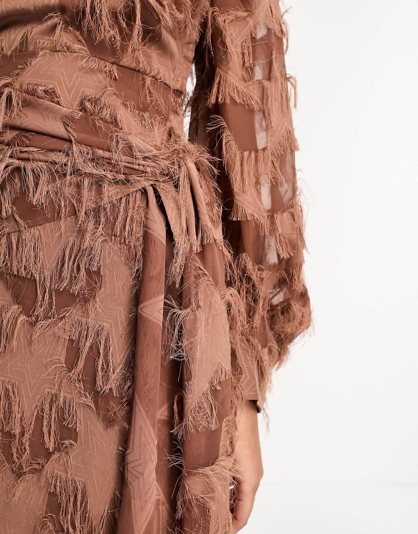 ASOS DESIGN fluffy v neck mini dress with tie waist and tie back detail in brown - ASOS Sample Sale EU Store