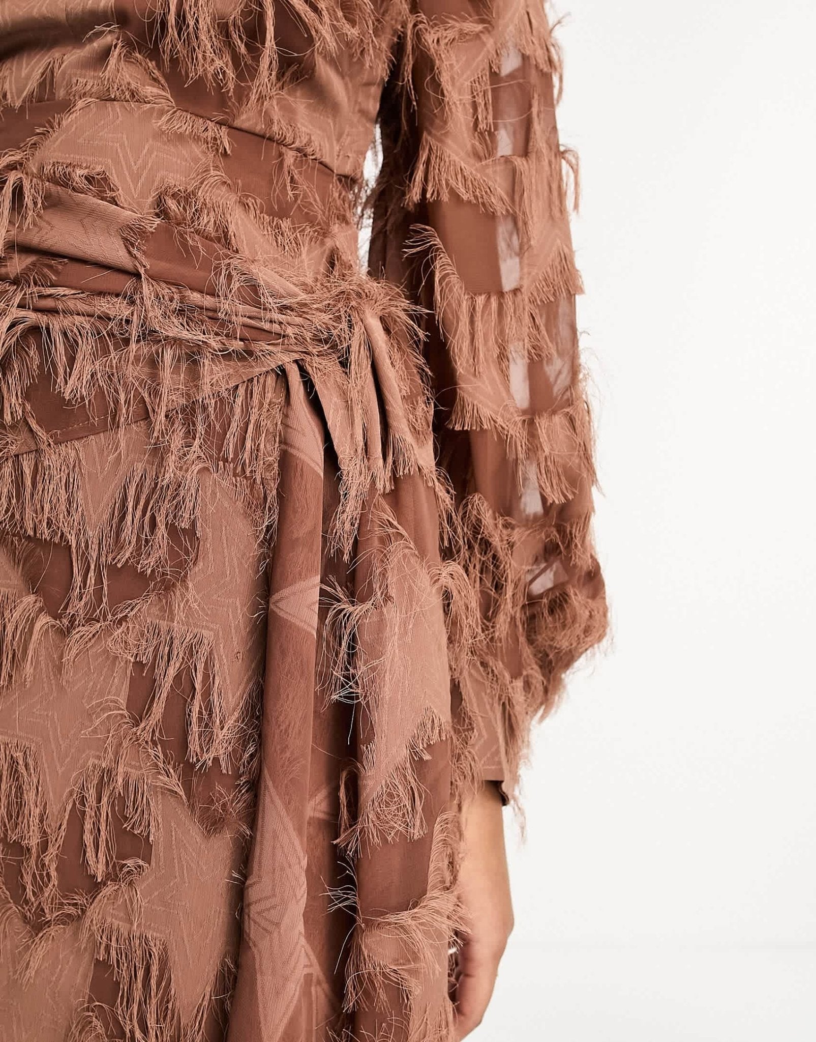ASOS DESIGN fluffy v neck mini dress with tie waist and tie back detail in brown - ASOS Sample Sale EU Store