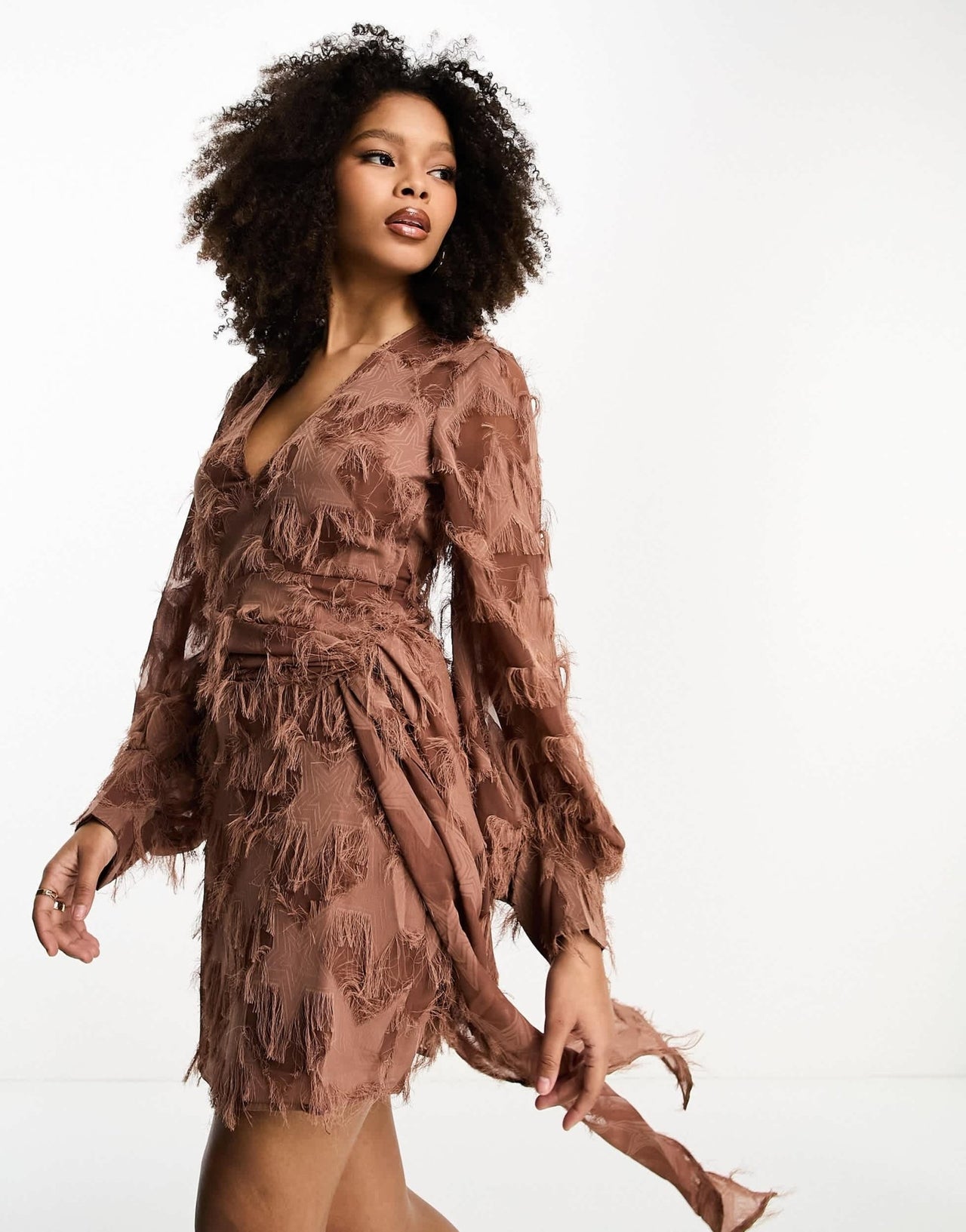 ASOS DESIGN fluffy v neck mini dress with tie waist and tie back detail in brown - ASOS Sample Sale EU Store