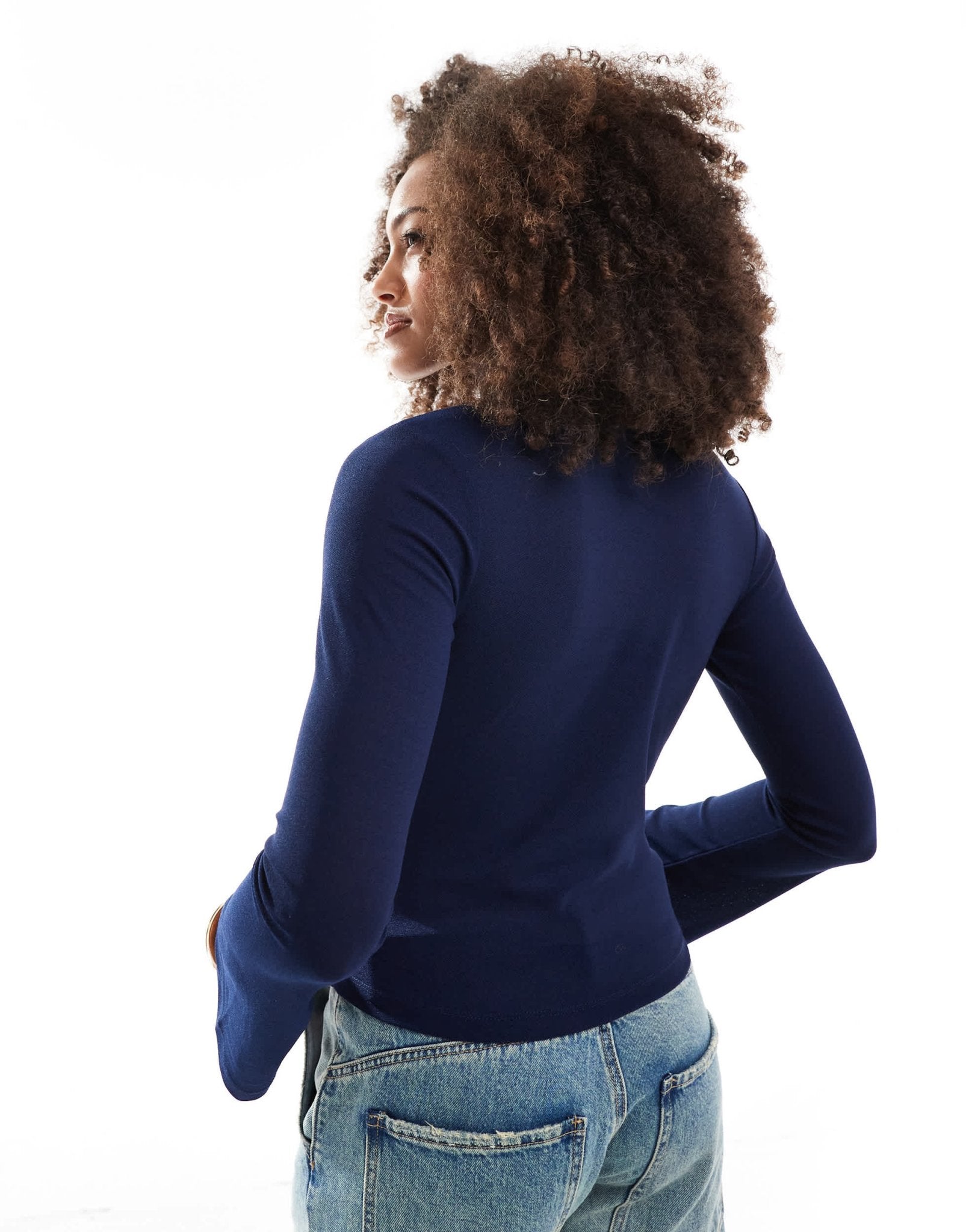 ASOS DESIGN flute sleeve roll neck top in navy - ASOS Sample Sale EU Store