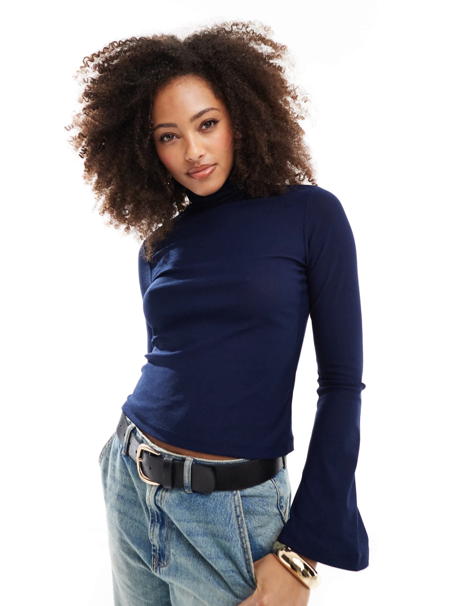ASOS DESIGN flute sleeve roll neck top in navy - ASOS Sample Sale EU Store
