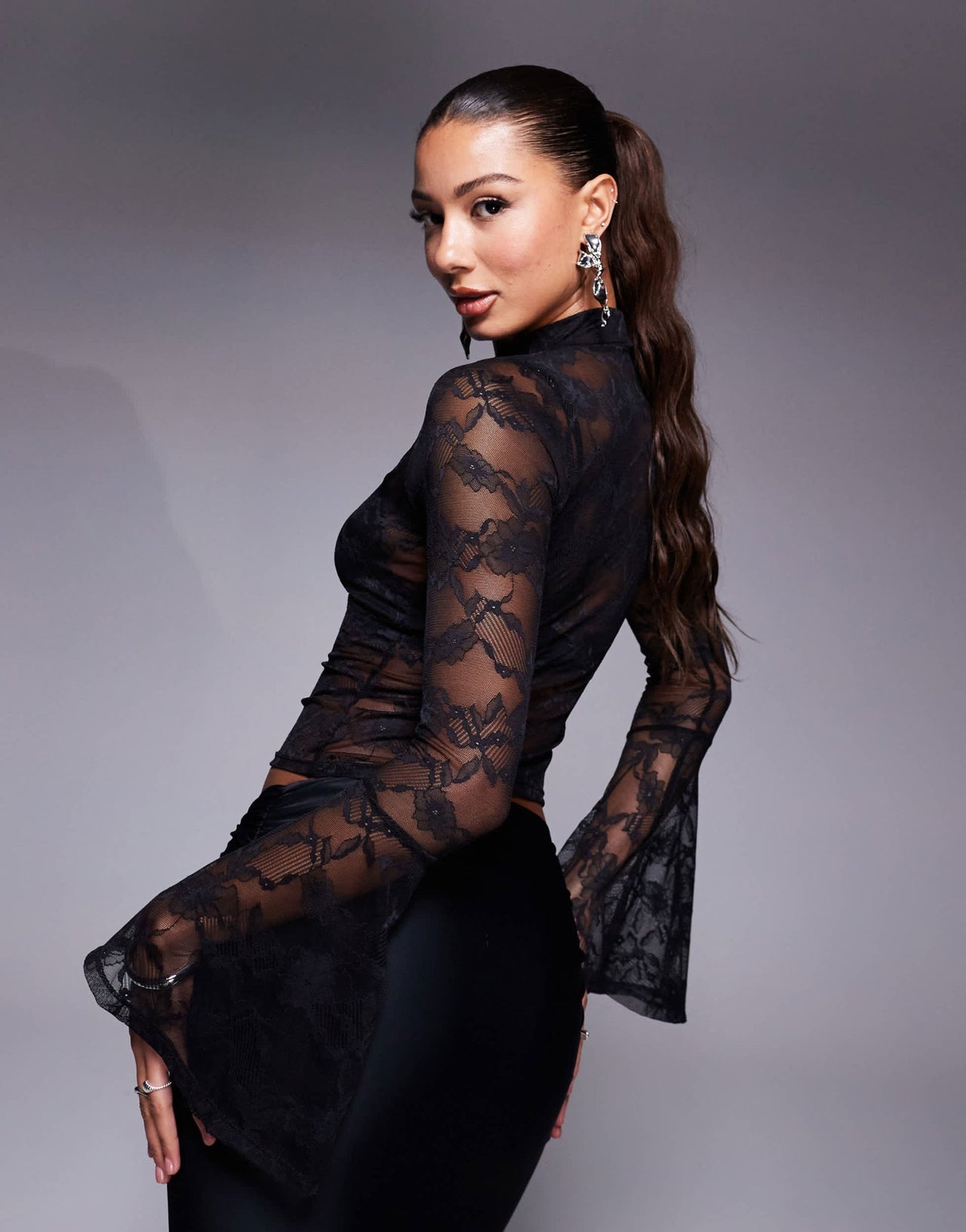 ASOS DESIGN fluted cuff lace mock neck top in black - ASOS Sample Sale EU Store