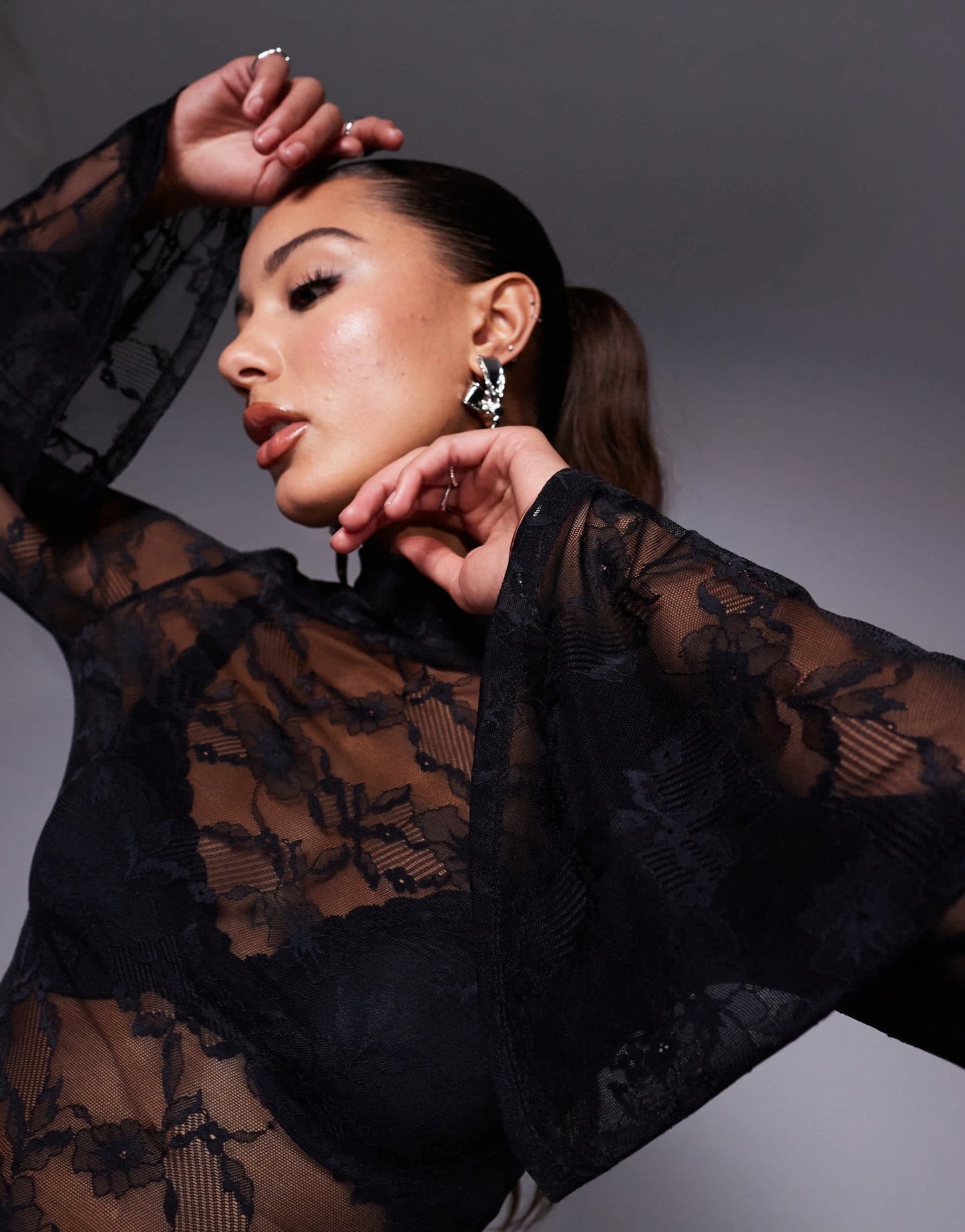 ASOS DESIGN fluted cuff lace mock neck top in black - ASOS Sample Sale EU Store