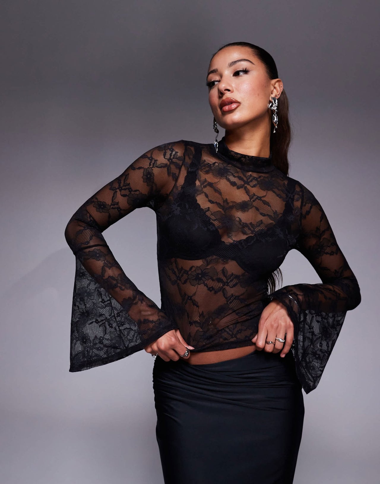 ASOS DESIGN fluted cuff lace mock neck top in black - ASOS Sample Sale EU Store