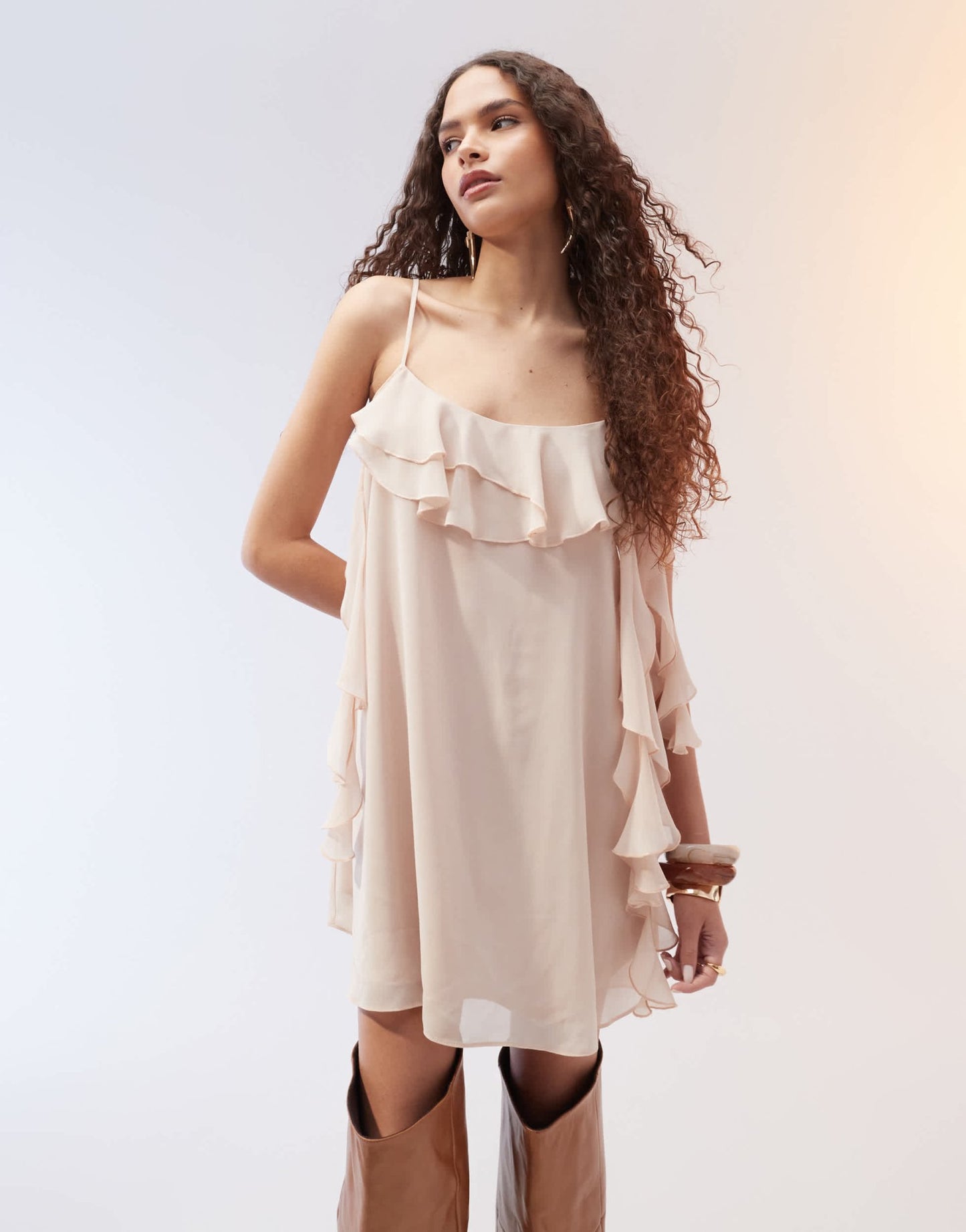 ASOS DESIGN frilly cami chiffon mini dress with open back detail in natural pale pink - ASOS Sample Sale EU Store