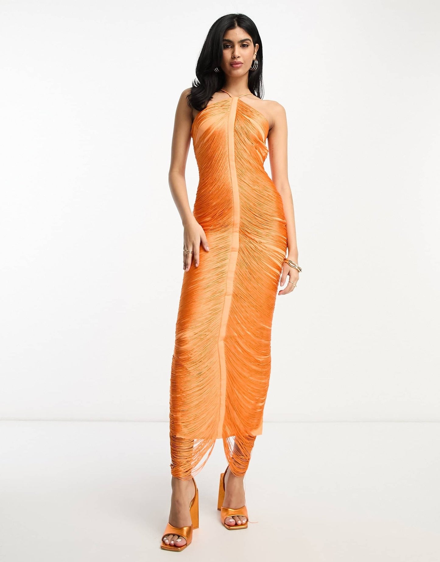 ASOS DESIGN fringe drape halter maxi dress in hot orange - ASOS Sample Sale EU Store