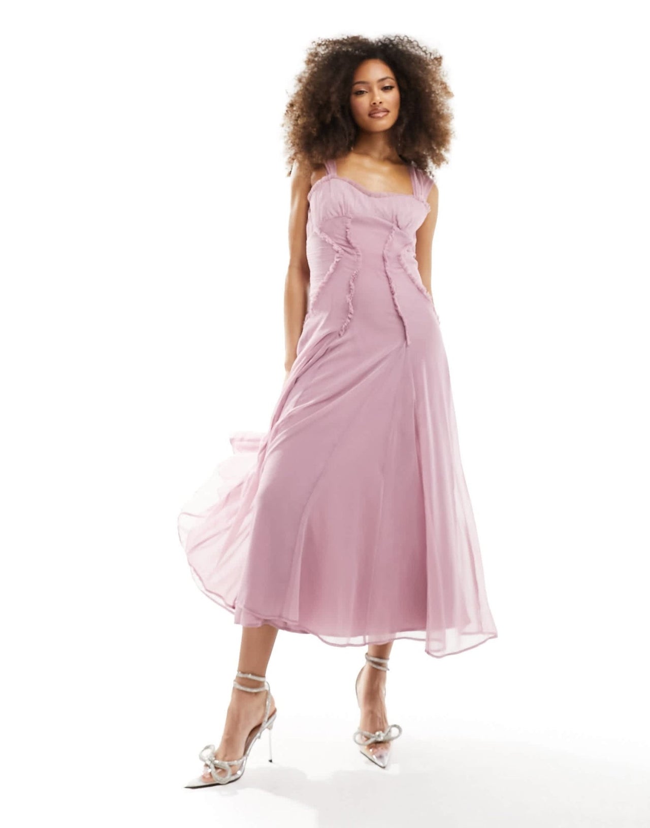 ASOS DESIGN gathered corset detail midi dress with cap sleeve and raw edges in dusky rose - ASOS Sample Sale EU Store