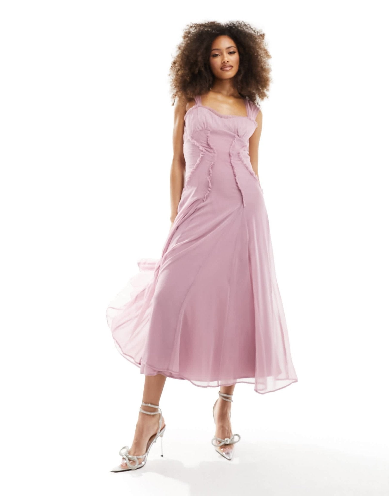 ASOS DESIGN gathered corset detail midi dress with cap sleeve and raw edges in dusky rose - ASOS Sample Sale EU Store