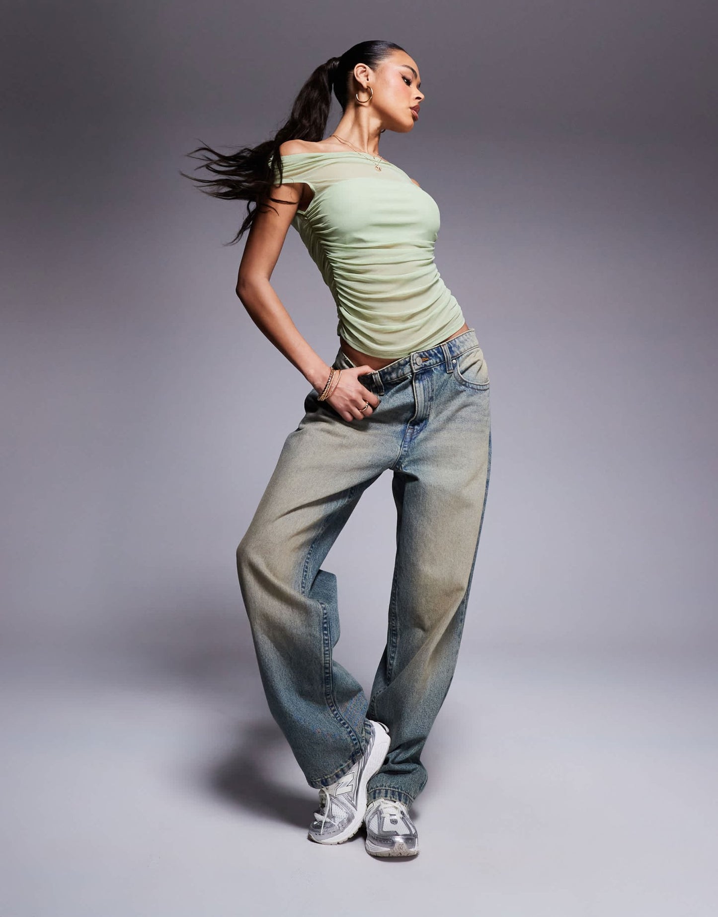 ASOS DESIGN gathered short sleeve off shoulder mesh top in sage green - ASOS Sample Sale EU Store