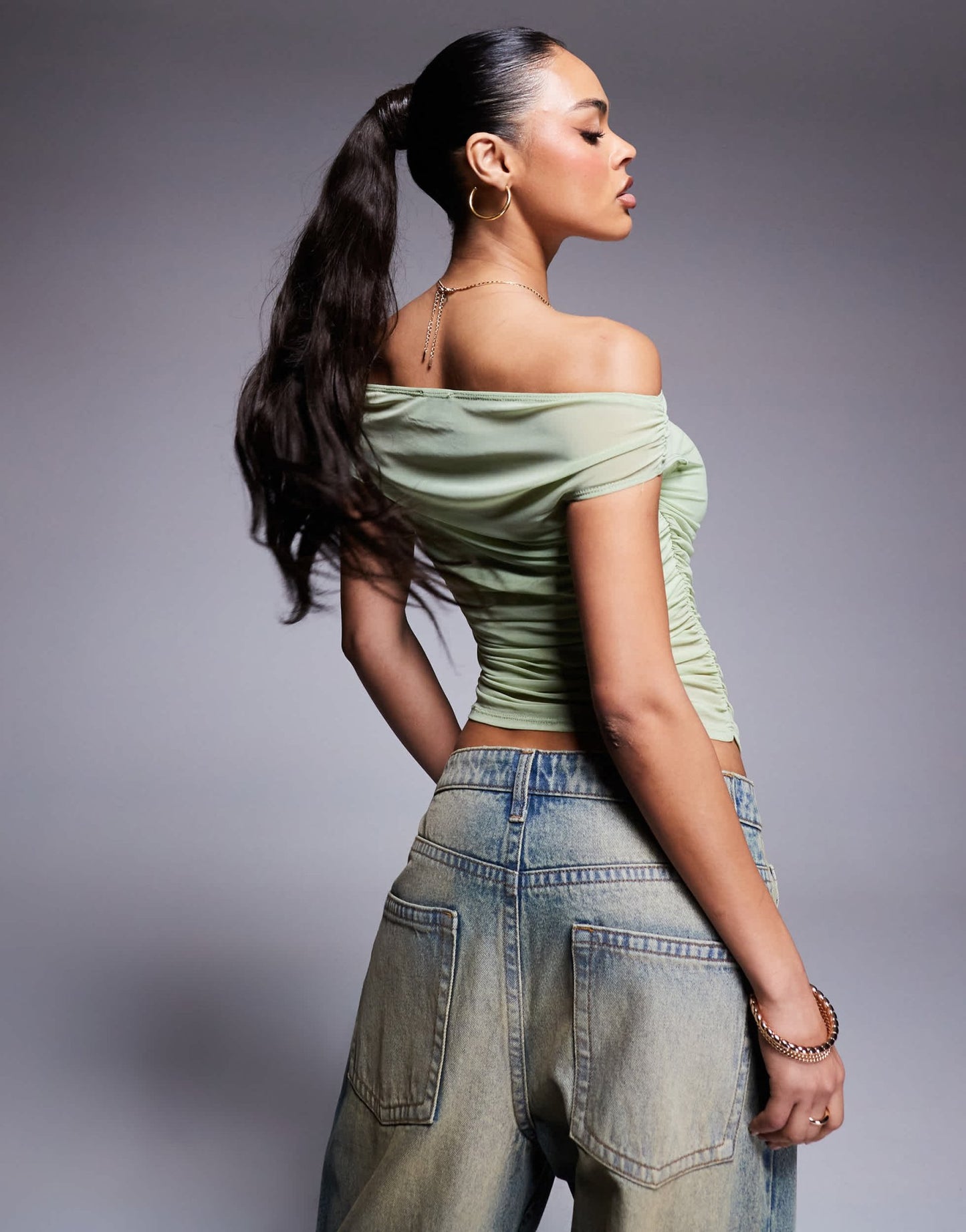 ASOS DESIGN gathered short sleeve off shoulder mesh top in sage green - ASOS Sample Sale EU Store
