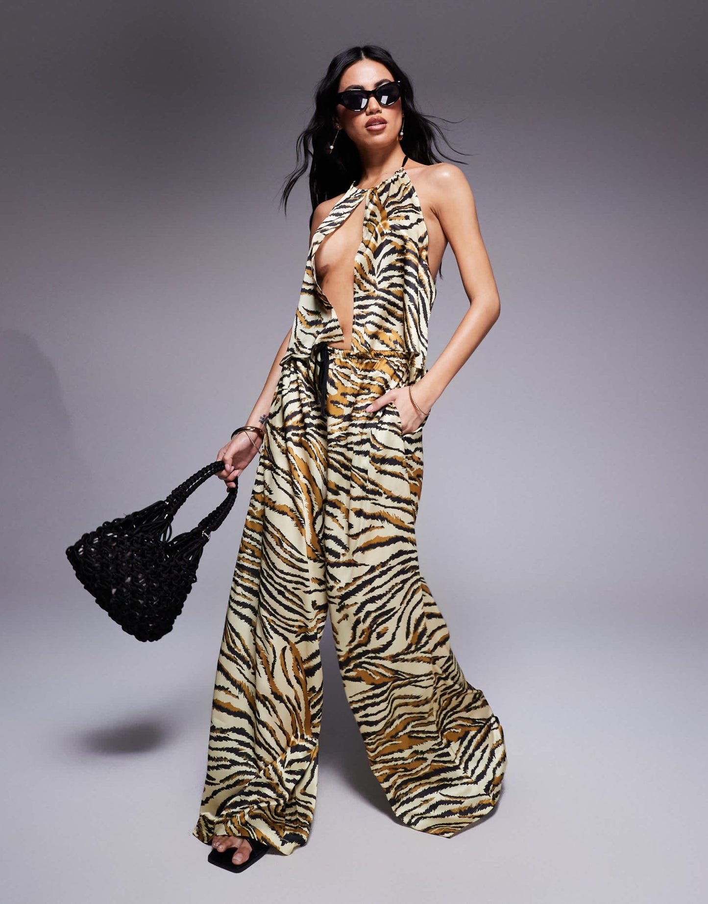 ASOS DESIGN Gia satin beach halter top in animal print - ASOS Sample Sale EU Store