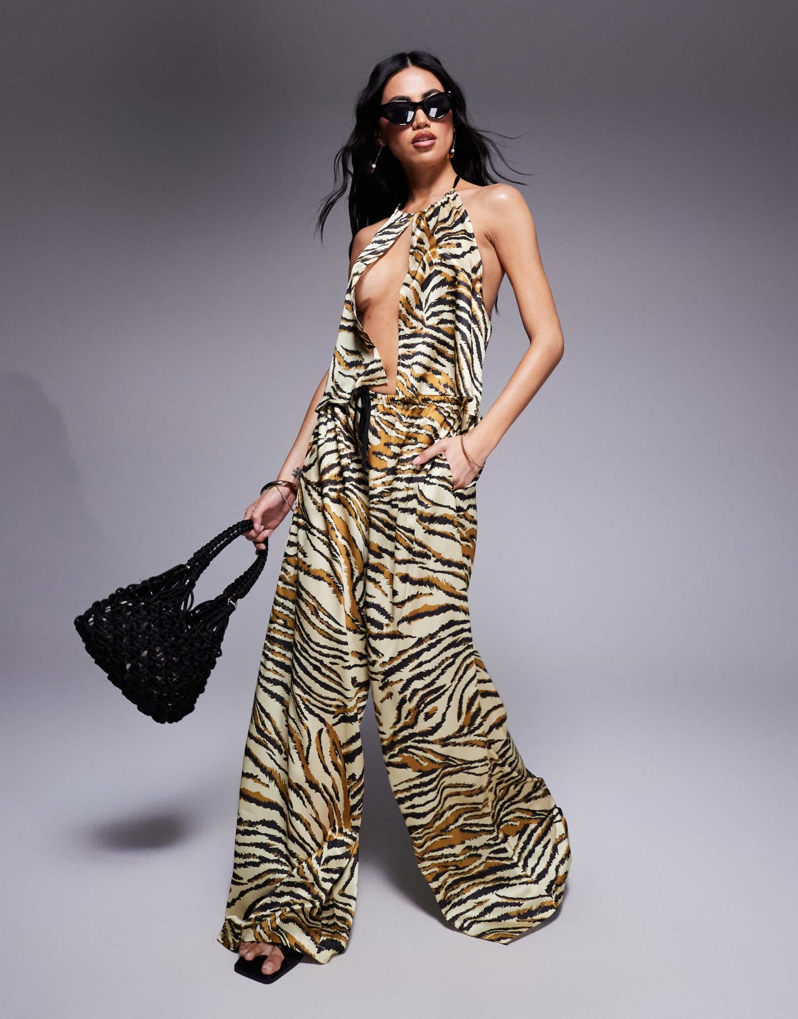ASOS DESIGN Gia satin beach halter top in animal print - ASOS Sample Sale EU Store