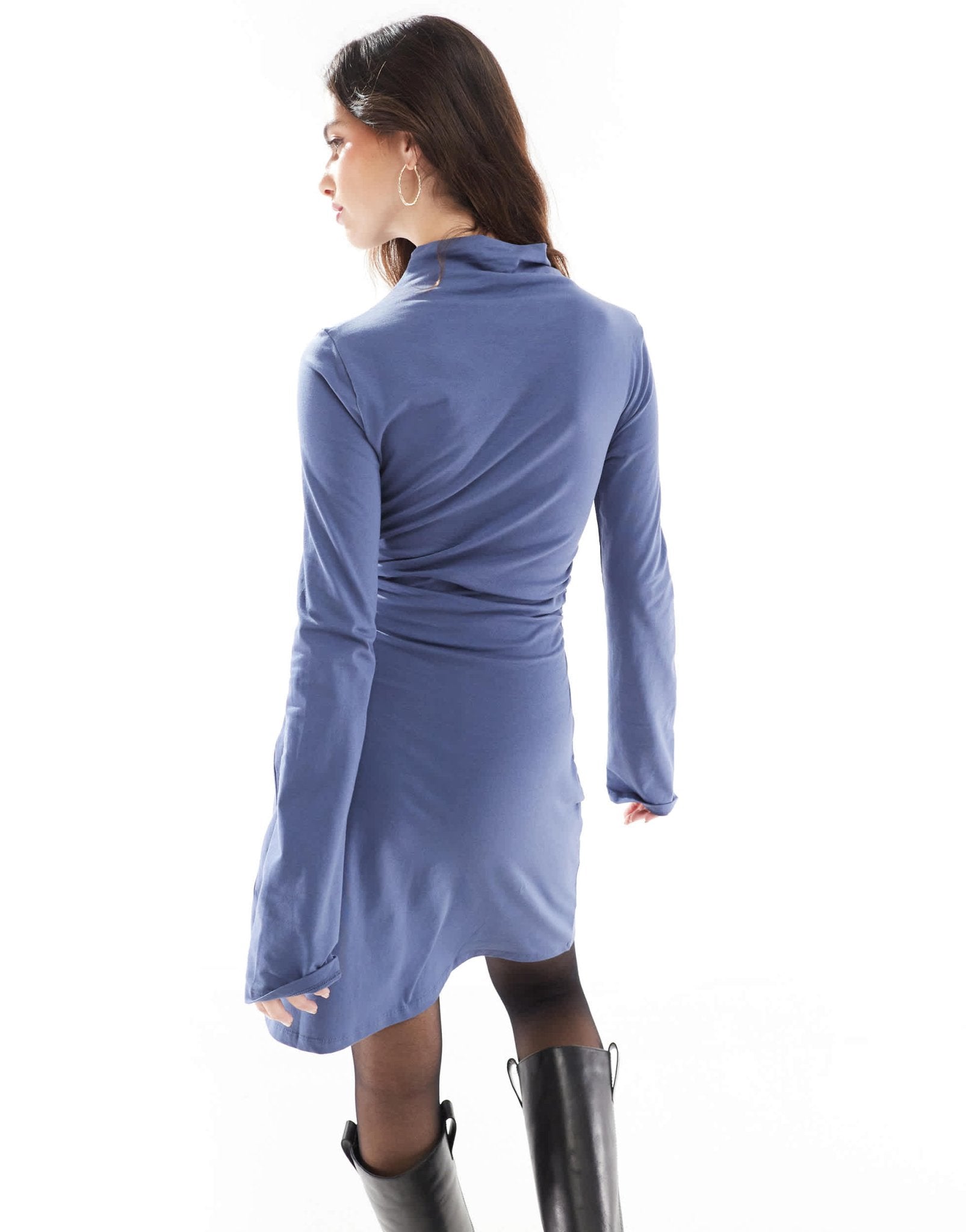 ASOS DESIGN grown on neck mini dress with long sleeve in denim blue - MBLUE - ASOS Sample Sale EU Store