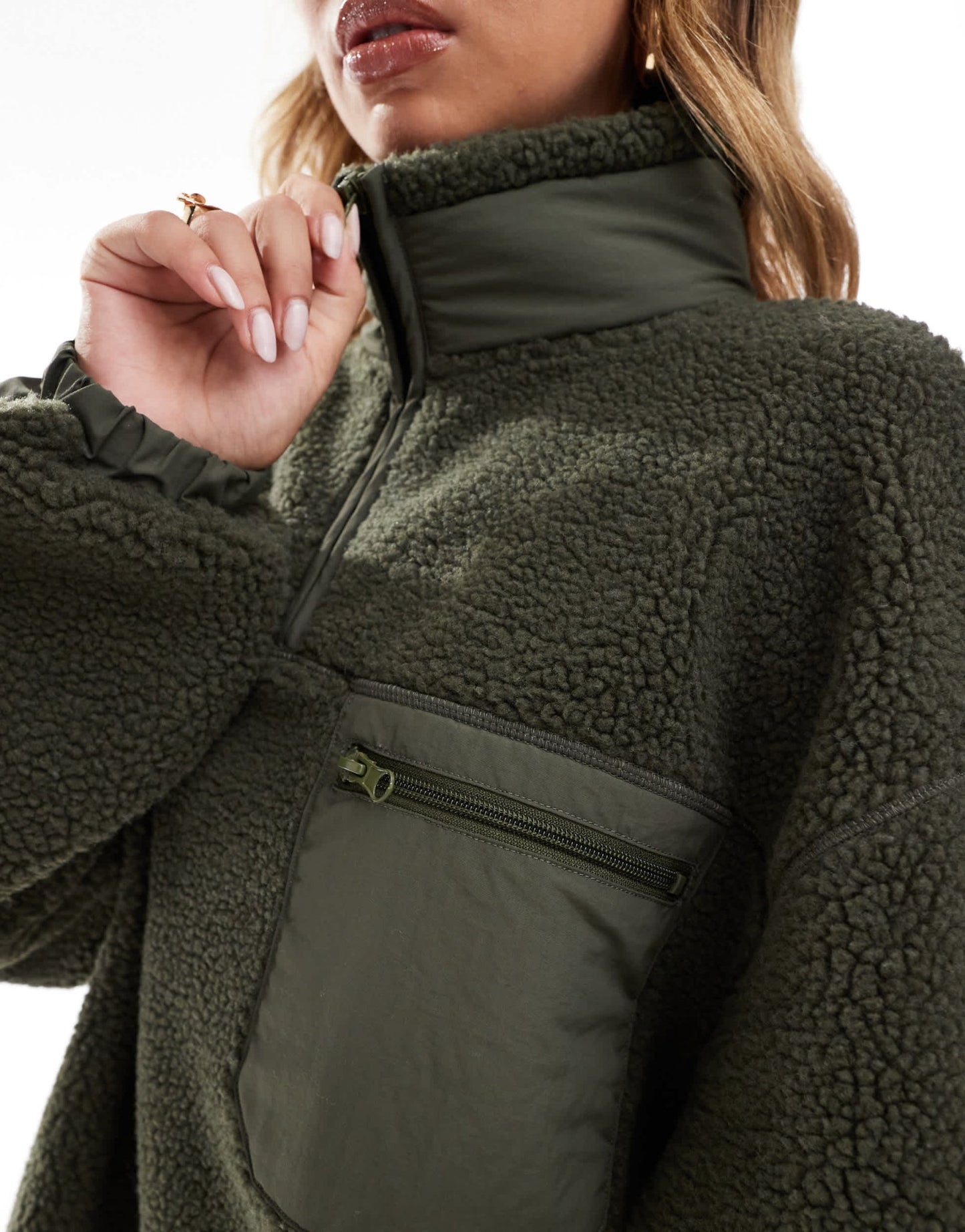 ASOS DESIGN half zip nylon mix borg fleece sweatshirt in khaki - ASOS Sample Sale EU Store