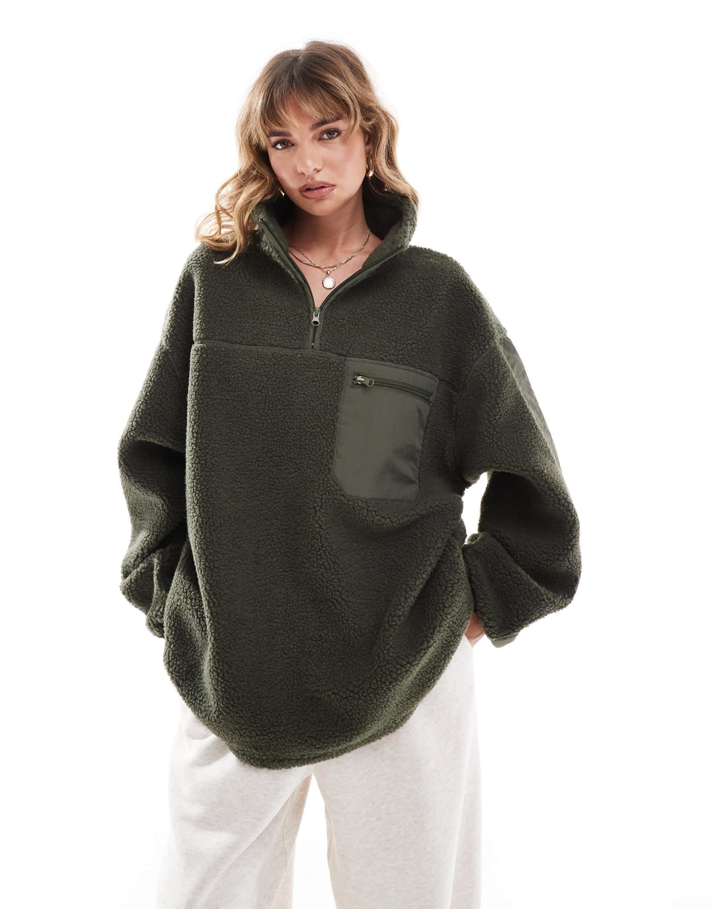 ASOS DESIGN half zip nylon mix borg fleece sweatshirt in khaki - ASOS Sample Sale EU Store