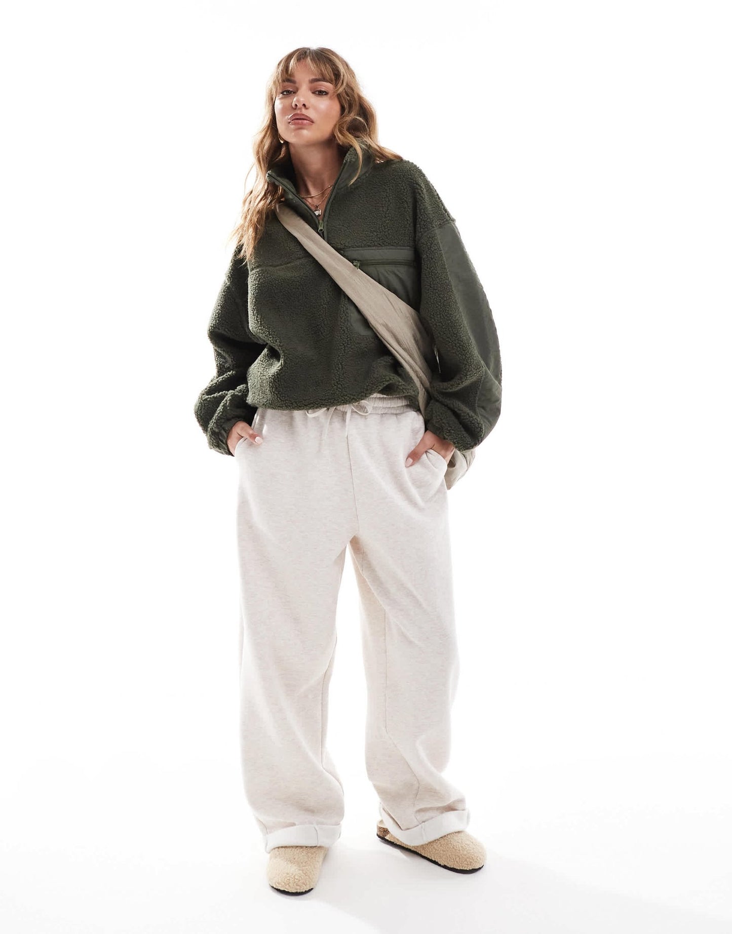 ASOS DESIGN half zip nylon mix borg fleece sweatshirt in khaki - ASOS Sample Sale EU Store