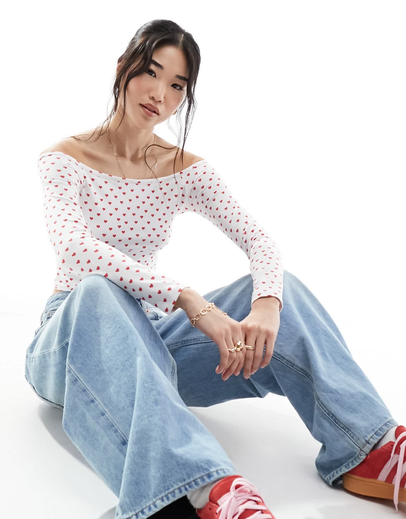 ASOS DESIGN heart print bardot top in ivory - ASOS Sample Sale EU Store
