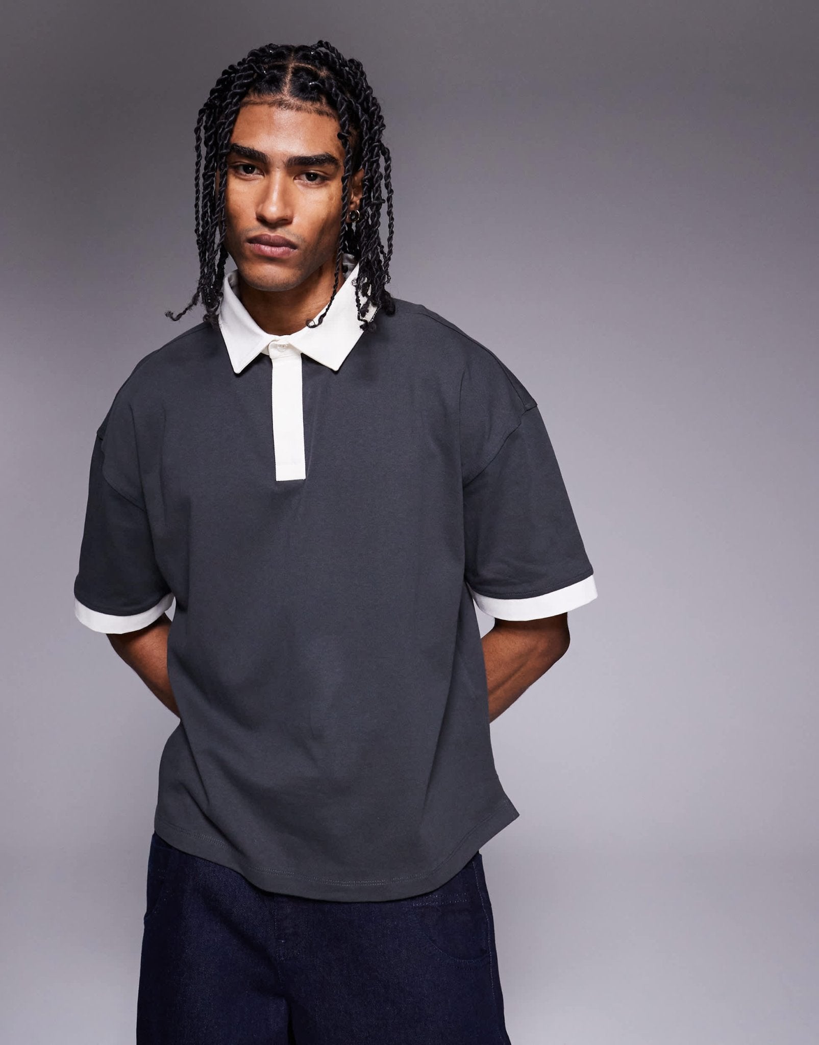 ASOS DESIGN heavyweight boxy polo in with canvas collar and applique in black - ASOS Sample Sale EU Store