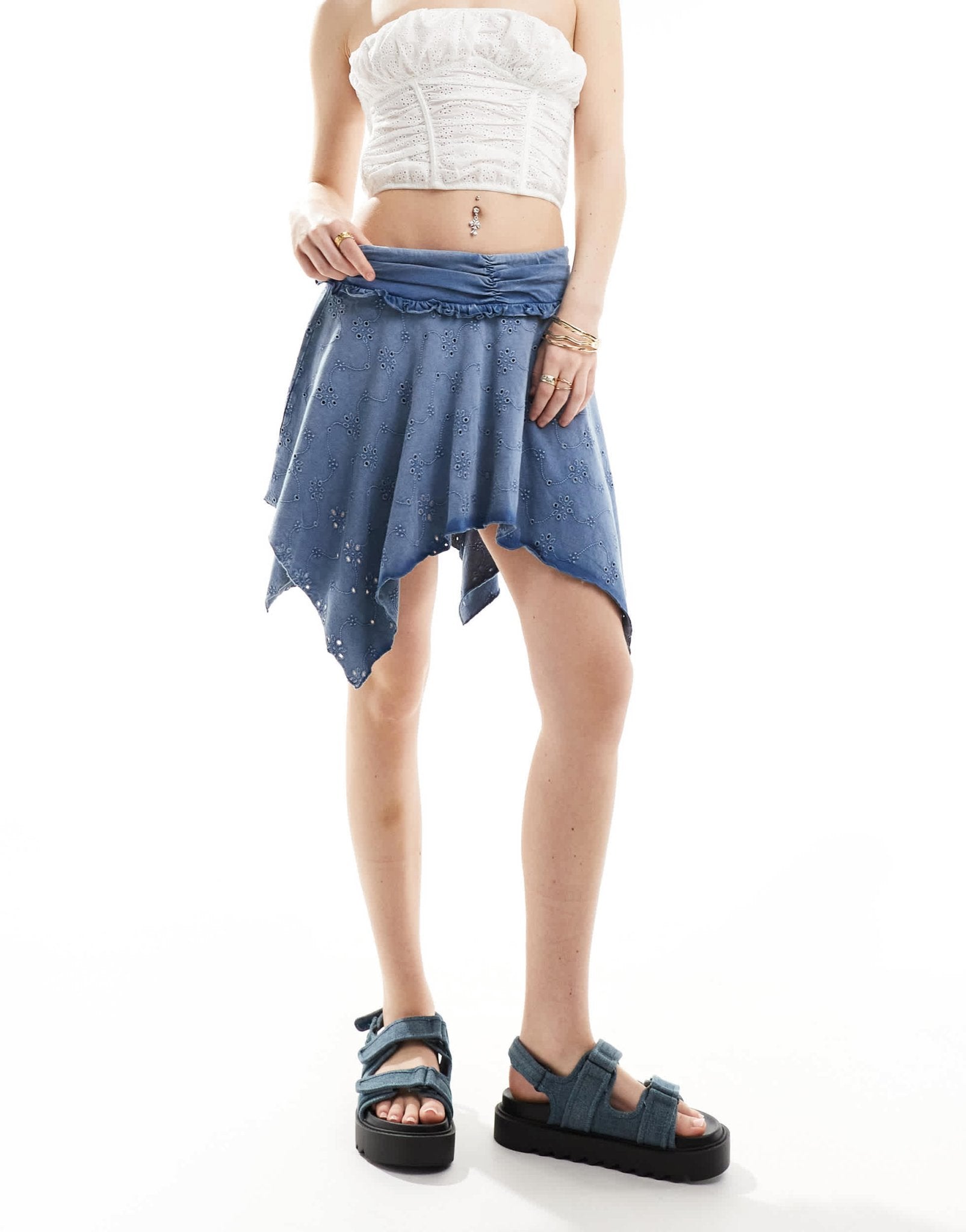 ASOS DESIGN high low hem broderie rara skirt in washed blue - ASOS Sample Sale EU Store