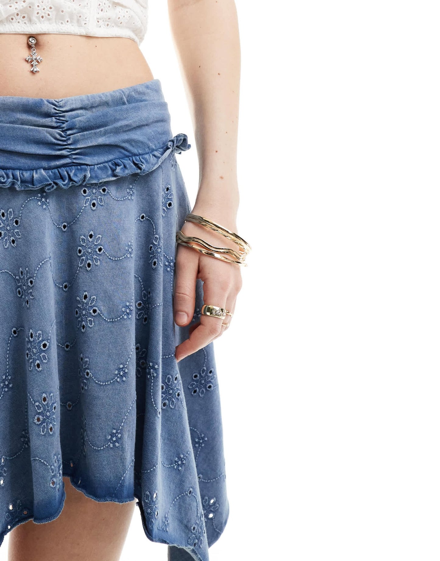 ASOS DESIGN high low hem broderie rara skirt in washed blue - ASOS Sample Sale EU Store