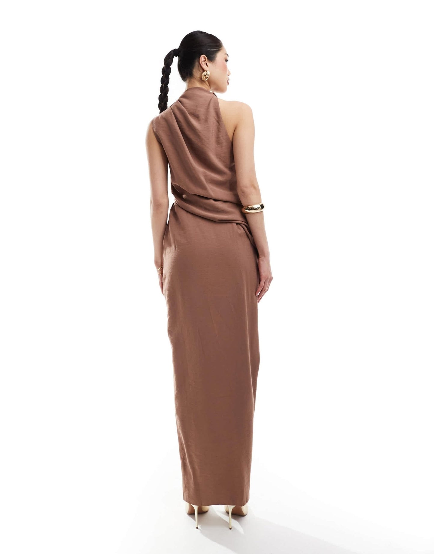 ASOS DESIGN high neck one shoulder drape maxi dress with thigh split in brown - ASOS Sample Sale EU Store
