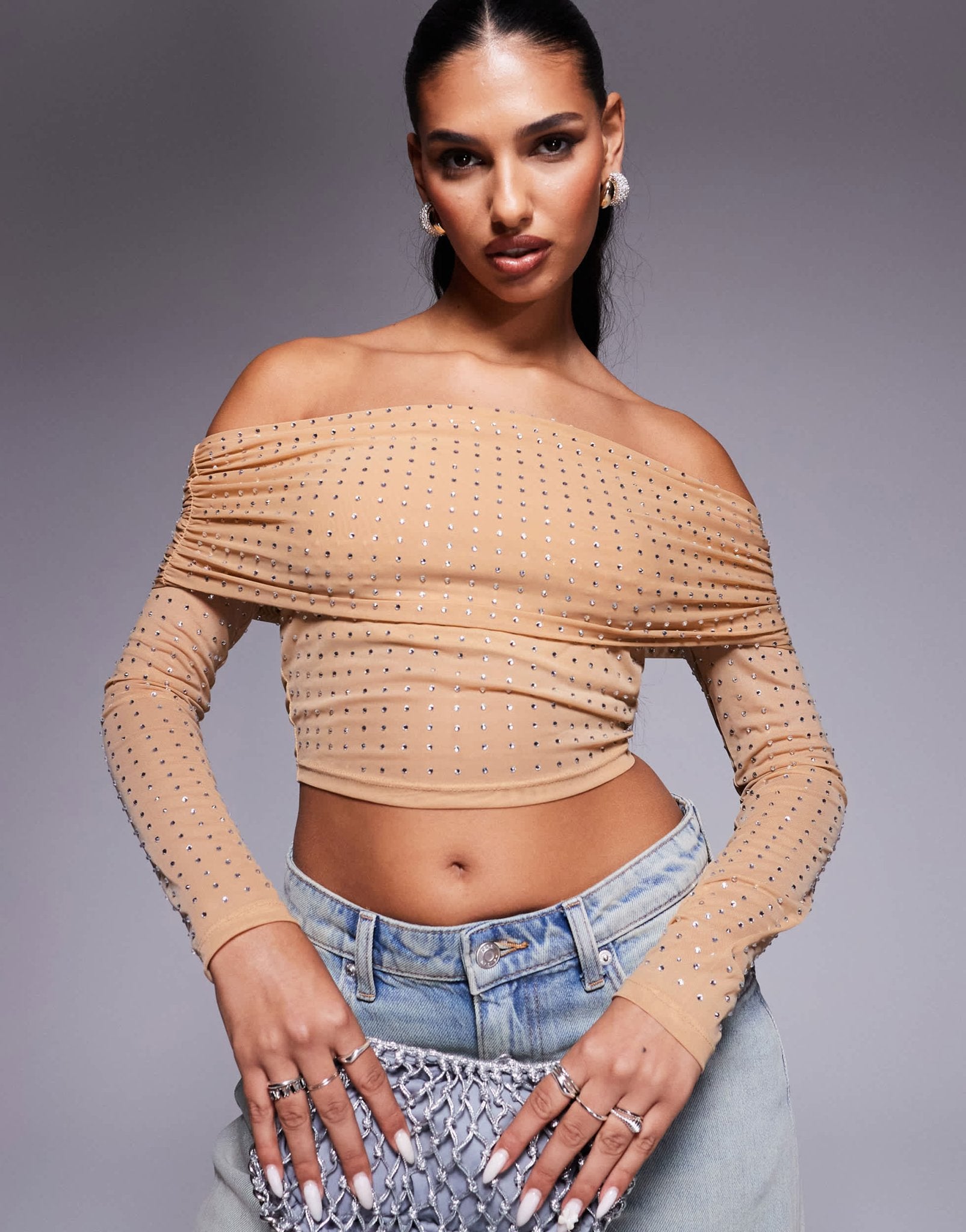 ASOS DESIGN hotfix off shoulder long sleeve top in stone - ASOS Sample Sale EU Store