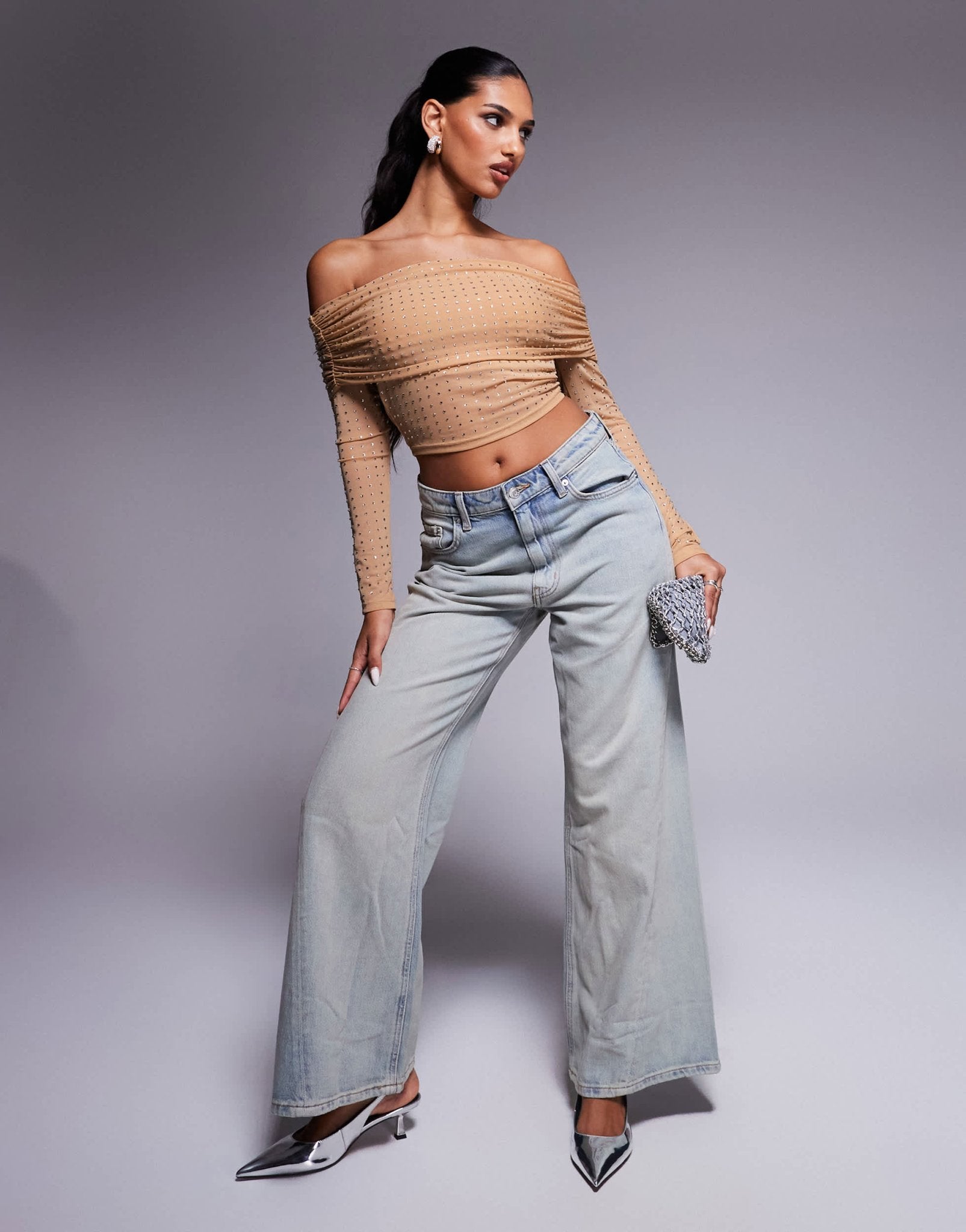 ASOS DESIGN hotfix off shoulder long sleeve top in stone - ASOS Sample Sale EU Store