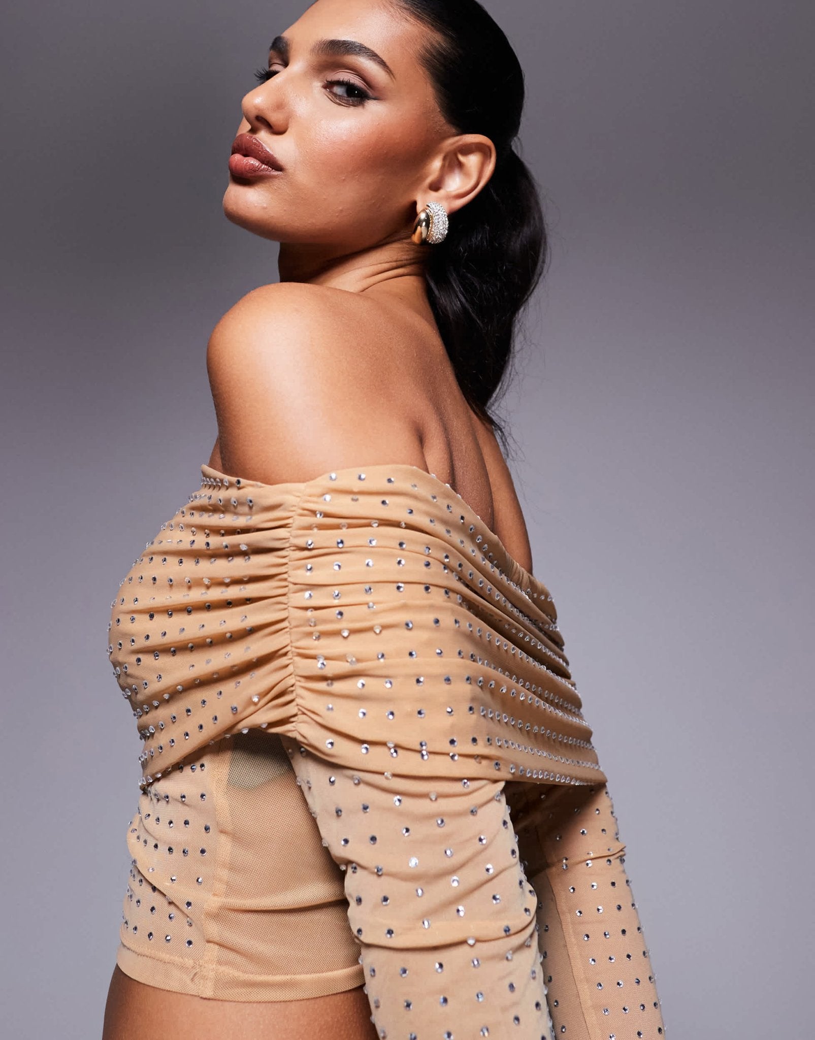 ASOS DESIGN hotfix off shoulder long sleeve top in stone - ASOS Sample Sale EU Store